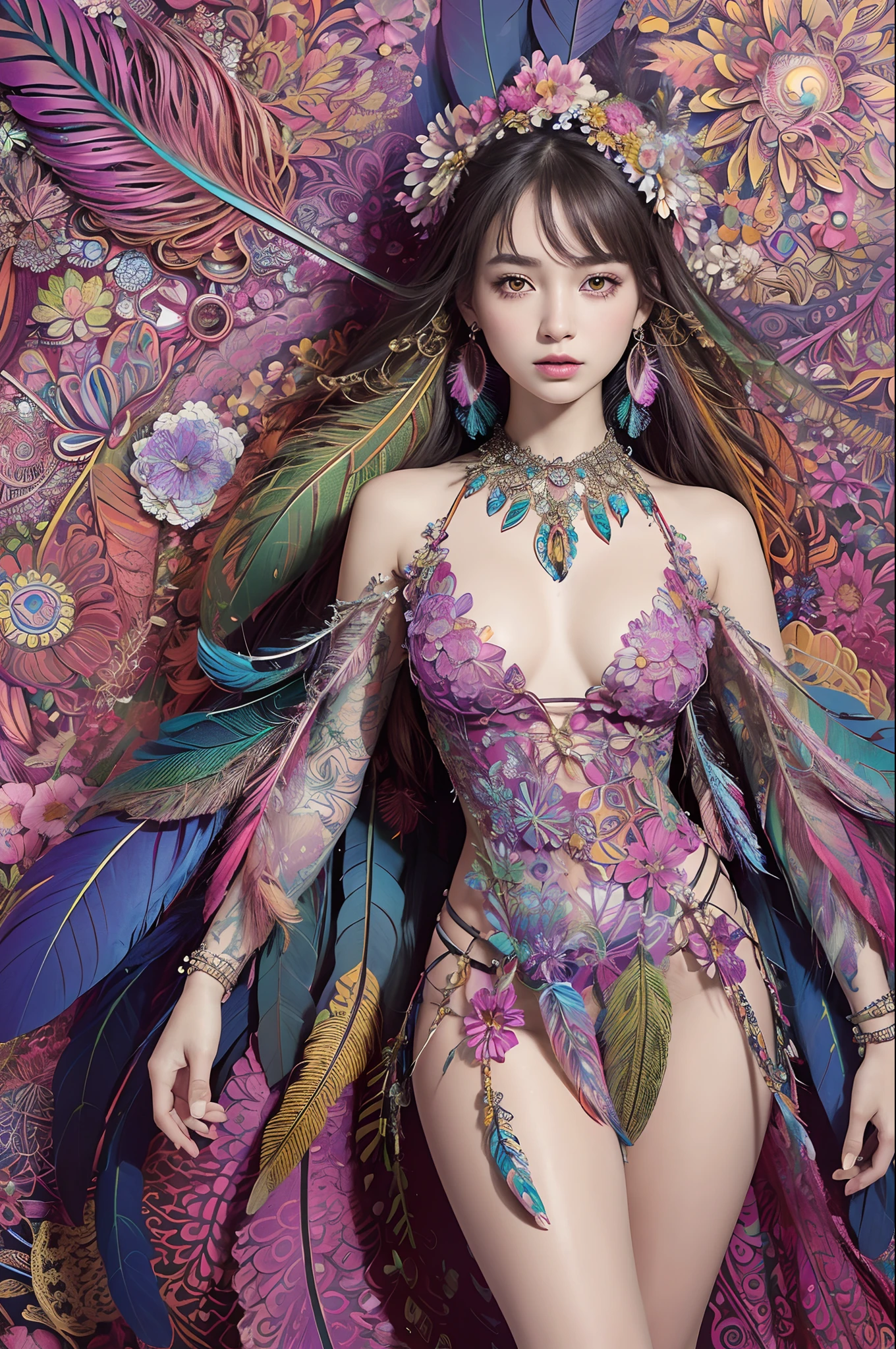 (masterpiece, top quality, best quality, official art, beautiful and aesthetic:1.2), (1girl:1.3), extremely detailed,(fractal art:1.1),(colorful:1.1)(flowers:1.3),highest detailed,(zentangle:1.2), full body, (abstract background:1.3), (shiny skin), (many colors:1.4), ,(earrings), (feathers:1.5),