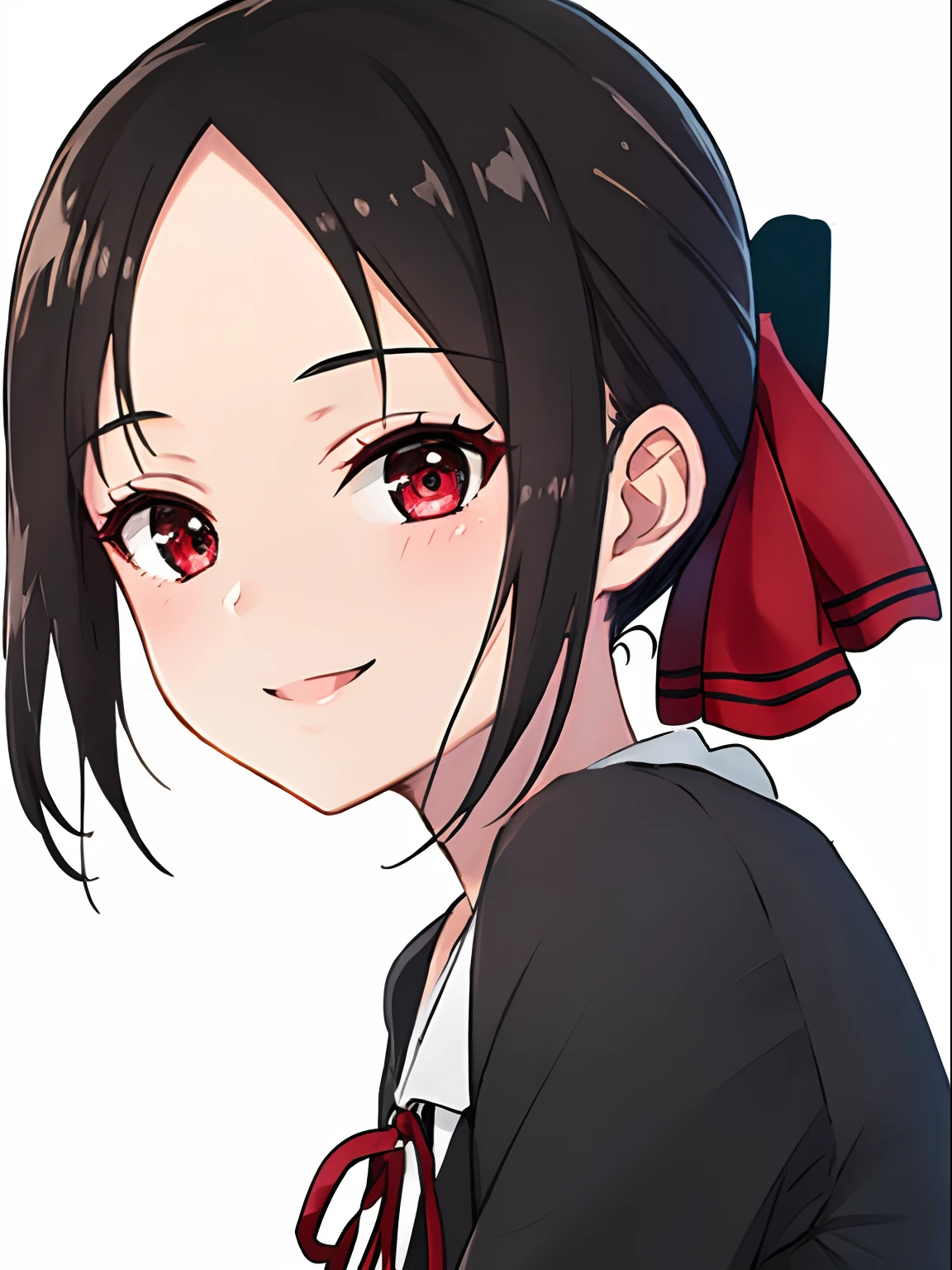 best quality,highly detailed,masterpiece,ultra-detailed,solo,1girl,white background,delicate eyes,shuuchiin_academy_uniform, shinomiya_kaguya, red_ribbon,black_hair,folded_ponytail, hair_ribbon,deep red eyess,bangs,black_dress,eyebrows_visible_through_hair, sidelocks,bare forehead,sitting,smile,cowboy shot