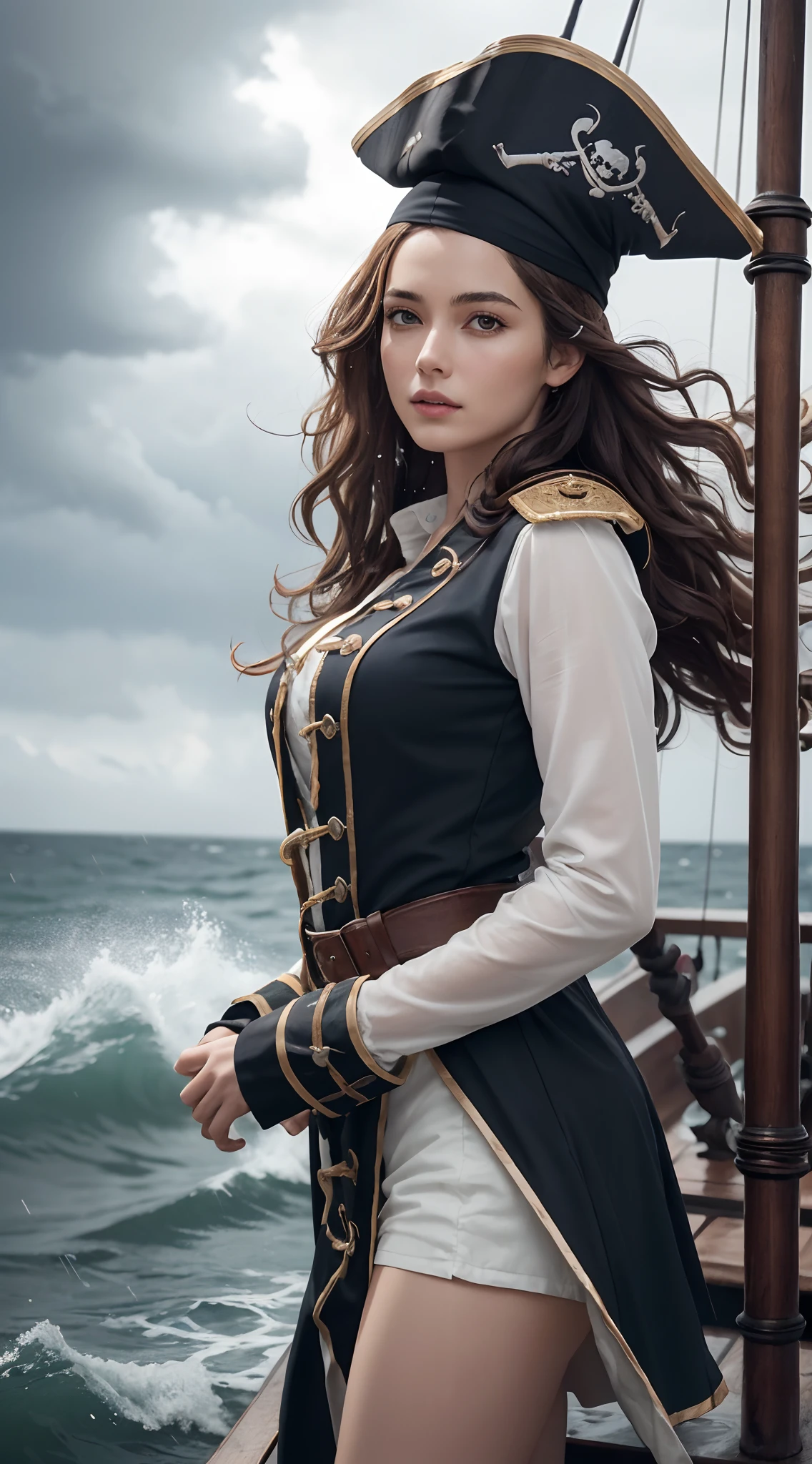 (masterpiece, best quality, award winning, highres), 1 beautiful female pirate, skinny, tall, pirate hat, intricate pirate clothes, intricate and beautiful design, highly detailed beautiful face, wavy hair, detailed flowing hair, standing at helm on pirate ship, pirate ship, storm, rain, rough sea, detailed background, water splash, extremely CG detail, ultra detail