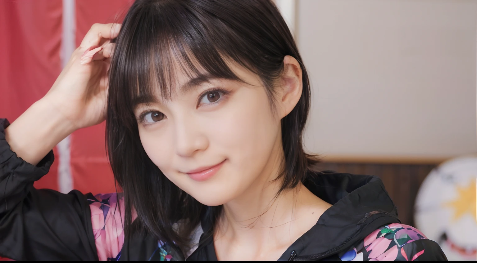 58
(a 20 yo woman), (A hyper-realistic), (masutepiece), ((A dark-haired、short-hair:1.3)), (Breast), kindly smile, (Clothes printed with anime characters)