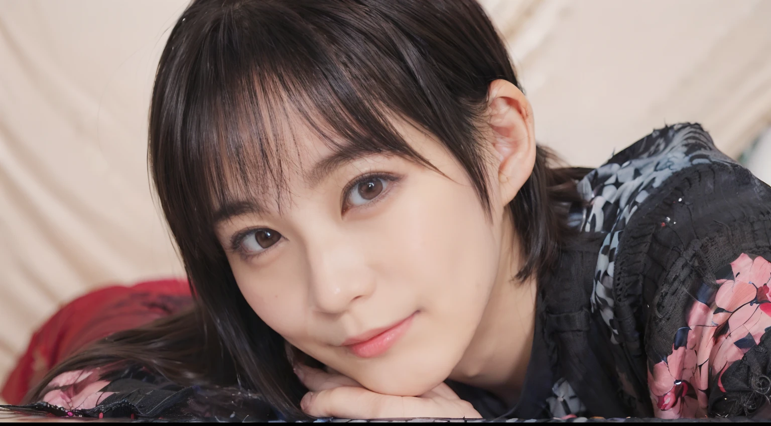 58
(a 20 yo woman), (A hyper-realistic), (masutepiece), ((A dark-haired、short-hair:1.3)), (Breast), kindly smile, (Clothes printed with anime characters)