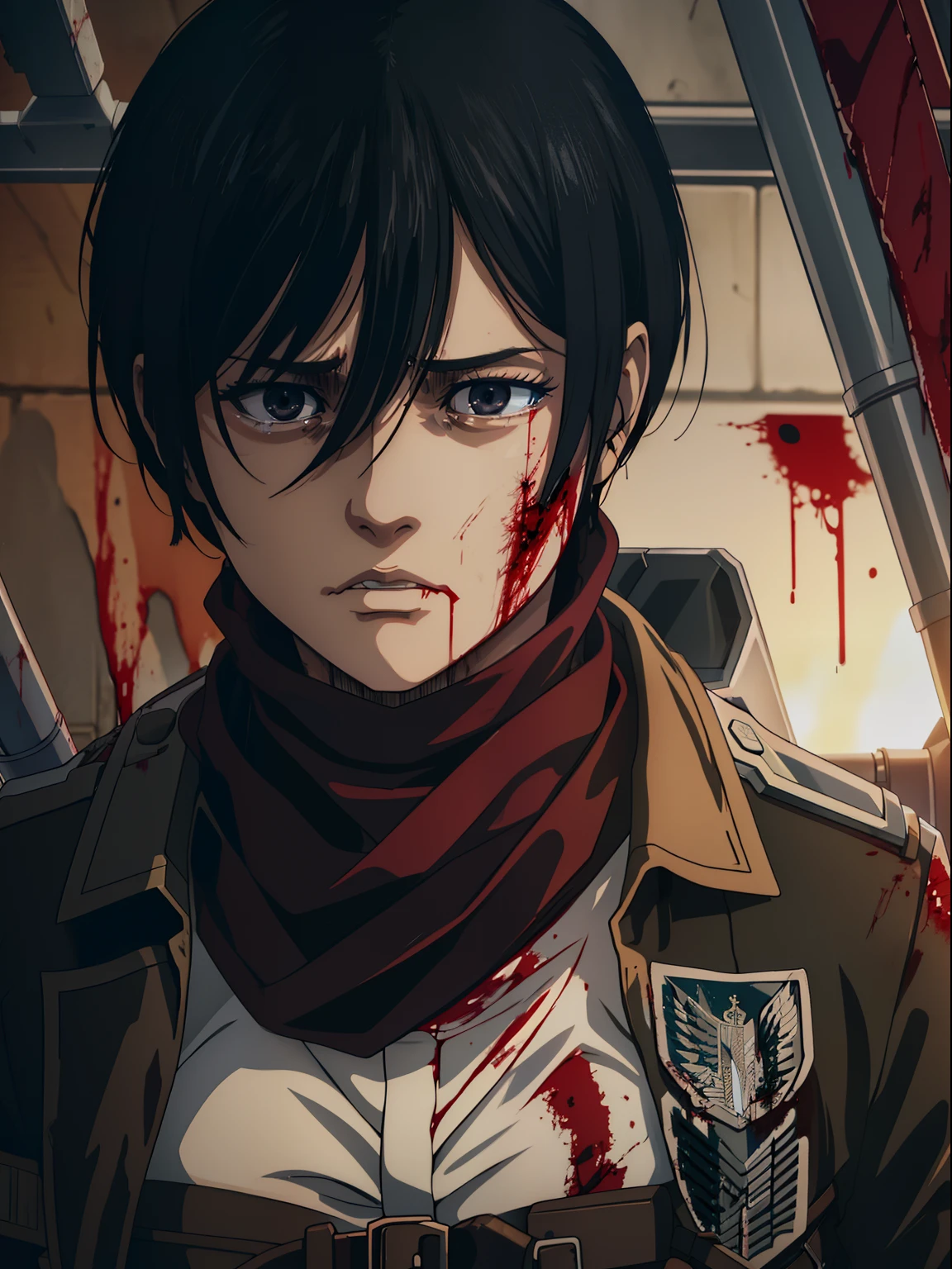 Masterpiece, A high resolution, Photorealistic, Best quality, 8K, Best quality, Ultra-detailed, Cinematic lighting, 1girll, mikasa ackerman, shingeki no kyojin, 1girll, belt, Black hair, Cropped jacket, emblem, hair between eye, Jacket, Paradise military uniform, Red scarf, Scarf, Short hair, shout, Angry, Crying, Watery eyes, (Blood:1.4), the scars, view the viewer, Ott style, Swords, Huge walls, In battle