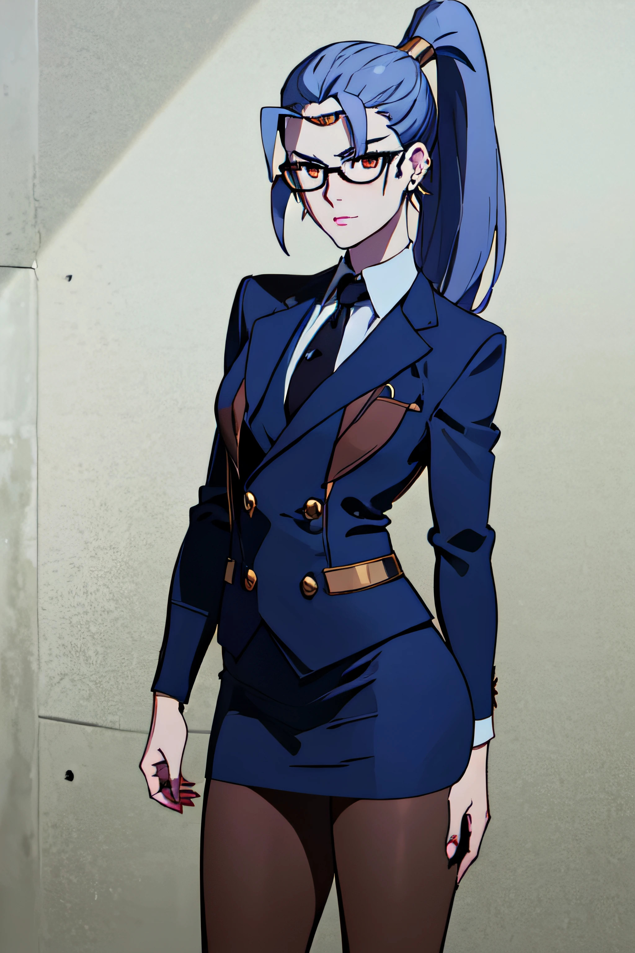 megaera, 1girl, solo, ponytail, colored skin, navy pinstripe skirt suit, (((three-piece suit))), (((necktie))), (((blazer))), (((suit jacket))), (((waistcoat))), double-breasted waistcoat, (((bodycon miniskirt))), pencil skirt, pantyhose, tights, cufflinks, tie clip, pocketsquare, pocket watch, long sleeves, piercing, ear piercing, blue skin, single wing, facing viewer, looking at viewer, scowl, glasses