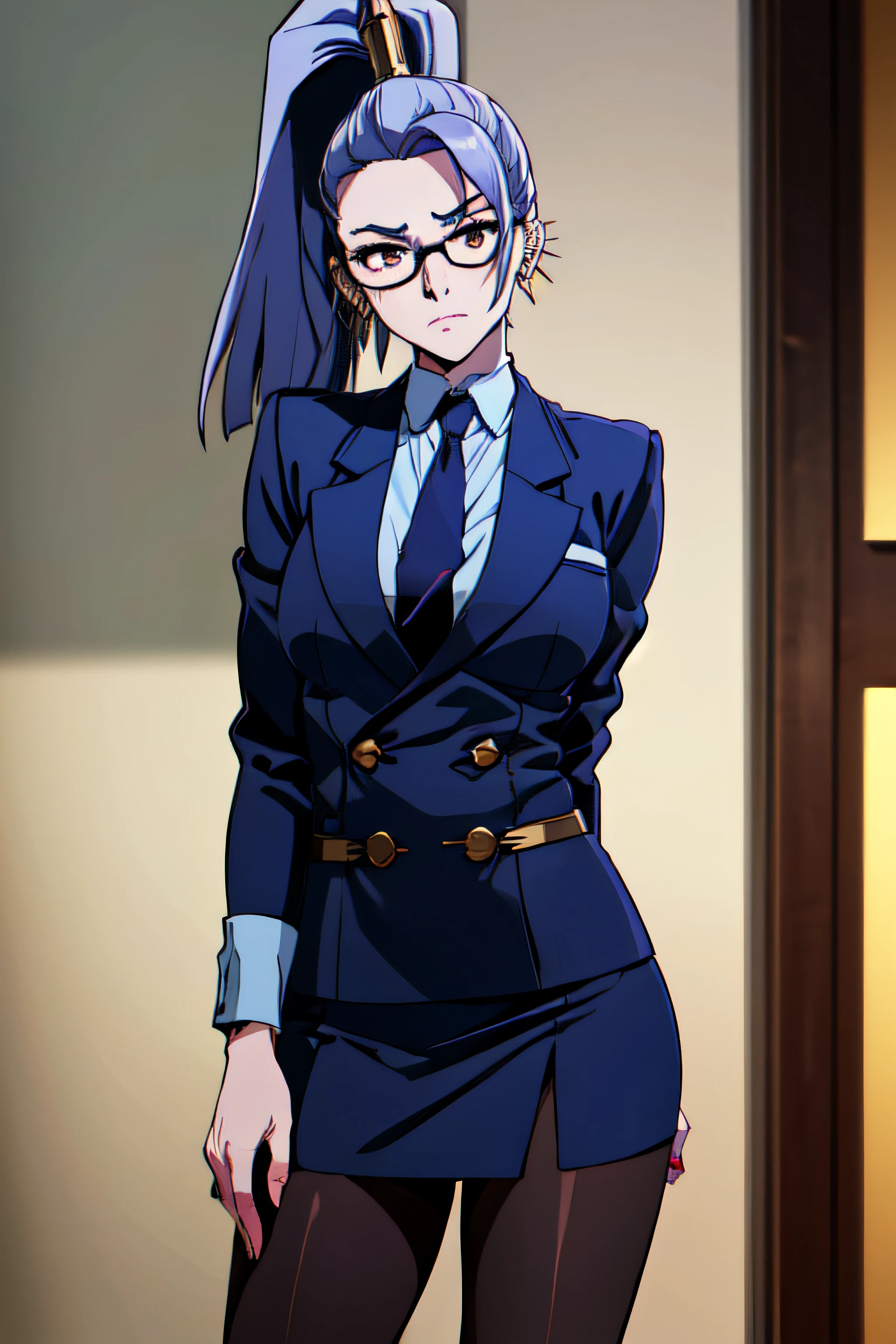 megaera, 1girl, solo, ponytail, colored skin, navy pinstripe skirt suit, (((three-piece suit))), (((necktie))), (((blazer))), (((suit jacket))), (((waistcoat))), double-breasted waistcoat, (((bodycon miniskirt))), pencil skirt, pantyhose, tights, cufflinks, tie clip, pocketsquare, pocket watch, long sleeves, piercing, ear piercing, blue skin, single wing, facing viewer, looking at viewer, scowl, glasses