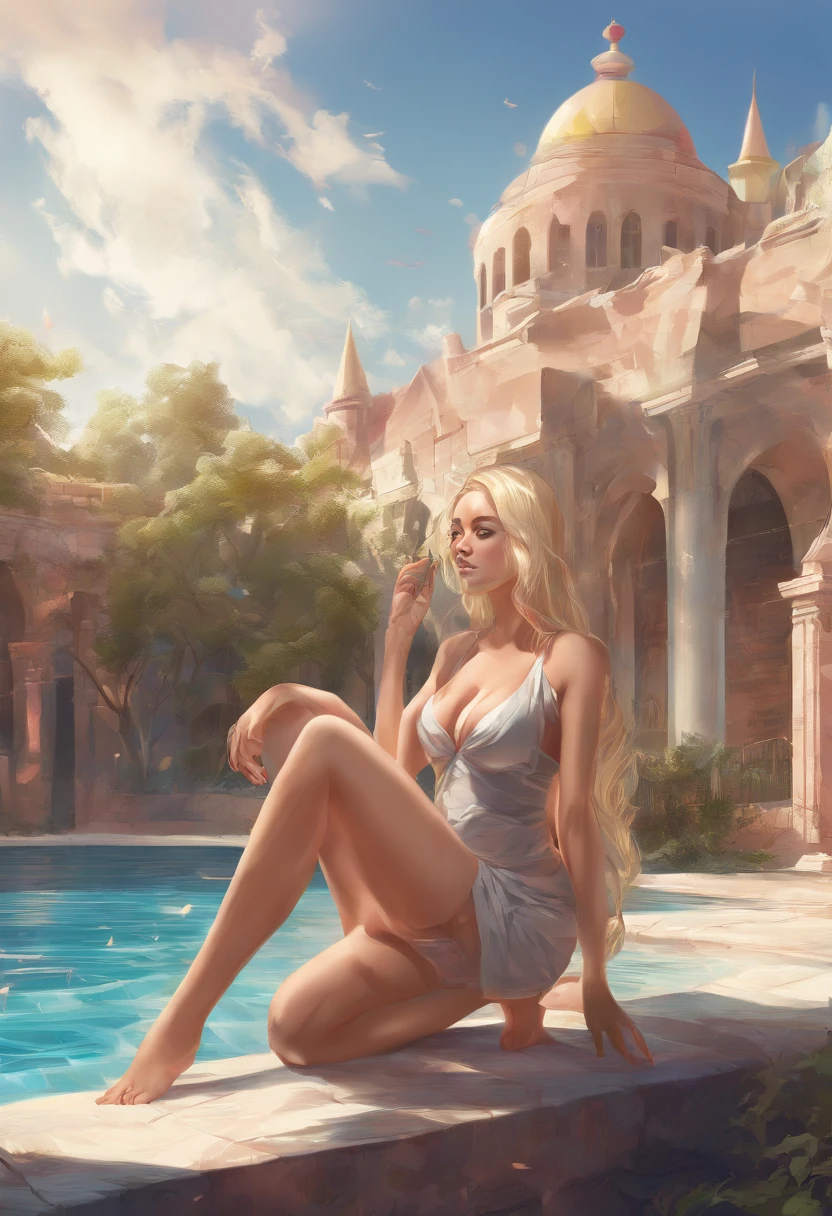 ((High resolution, high quality, realistic)), best quality, high resolution, 8k, realistic, sharp focus, photorealistic, 1 women blonde mommy body, swimsuit, big breasts, perfect hand, college, soft and smooth light, day scene, swimming_pool, EpicSky, masterpiece color pallete, wide hips, front view , hyper detailed and contrast,