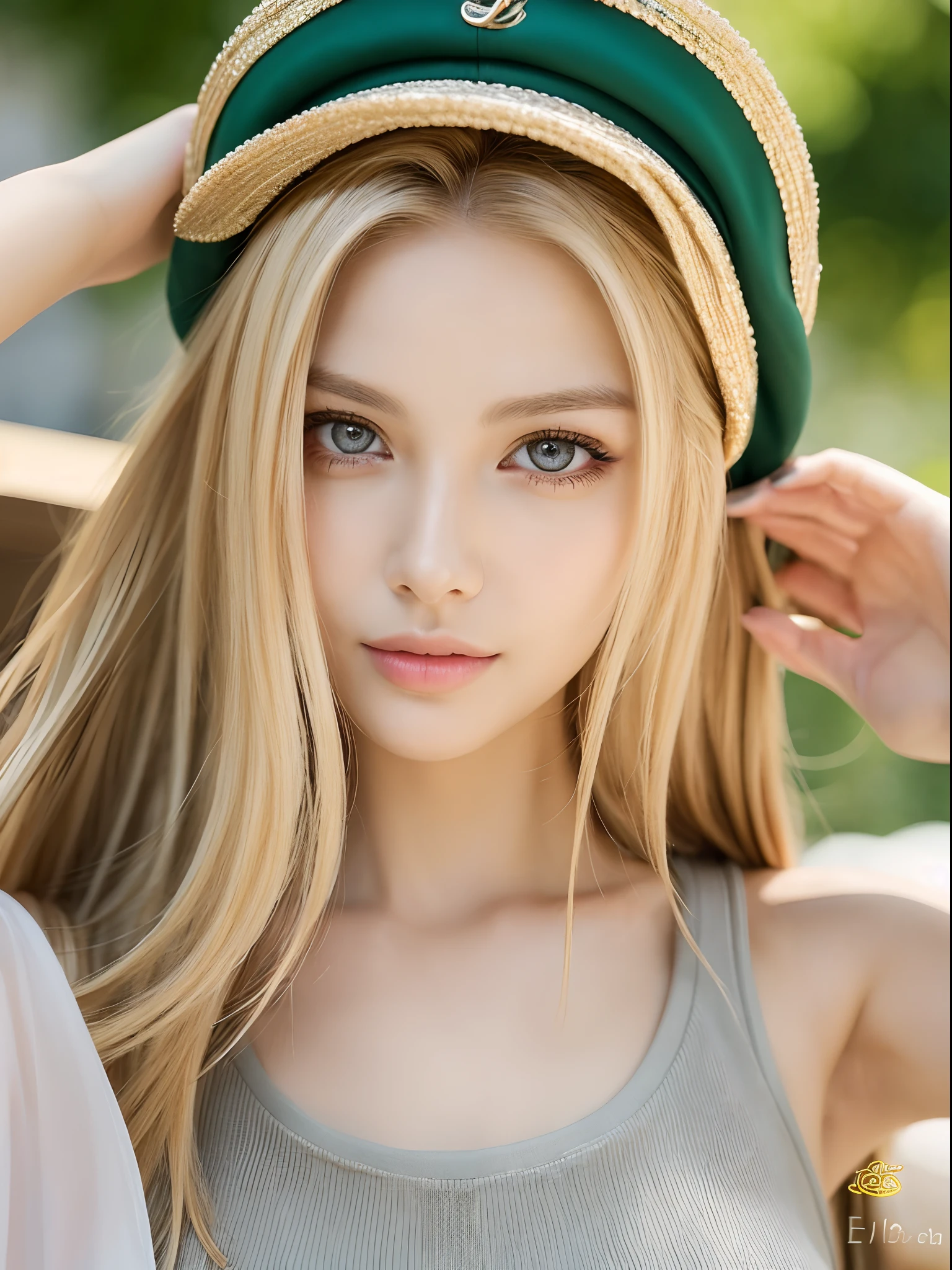 Pretty blonde girl , pretty detailed hazel eyes, pretty detailed face, detailed lips, realistic detailed skin, slim with small waist and nice body, long hair realistic, wearing tank top and shorts with a hat on outside at a fancy lunch party , super pretty girl, attractive and beautiful girl, highly detailed, ultra realistic