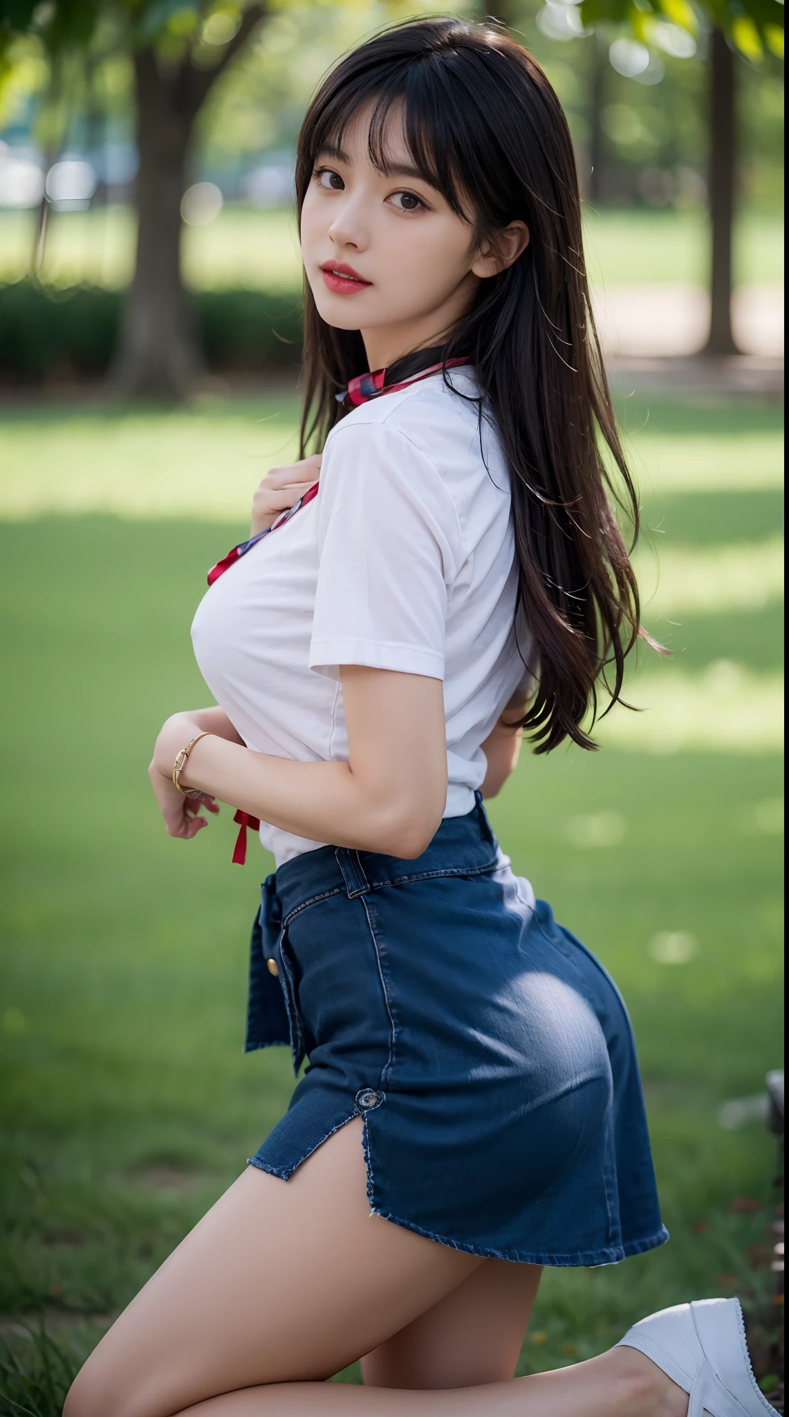 NSFW, 8K Raw photograph, best qualtiy, tmasterpiece, 超高分辨率, filmgrain, cinematic ligh,
1 girl sitting on the grass,looking at viewert,
Natural skin texture,Realistic Eyes and Face Details,full pouty lips,lipsticks,blusher\(putting makeup on\),Red eyeshadow,Long fluffy hair,messy hair,ssmile,Keep one's mouth shut,beautifullegs,Tall women,being thin,Slim_Legs,独奏,
,,
posing on a,Hips facing you,
Superskirt,hindquarters,The shirt,
Beautiful natural location,Location of flowers around,Plaid skirts,white shirt,
gigantic cleavage breasts,,show a little cleavage through the shirt,
slack off
Blurred background, bblurry, halter, tartan, short- sleeved, JK ribbon around the neck, JK ribbon,
brown hair, bangle, Eau, By bangs, 校服, jewely, parted lip, cparted lips, From the side Side, pleatedskirt,
depth of fields, brunette color hair,
view the viewer