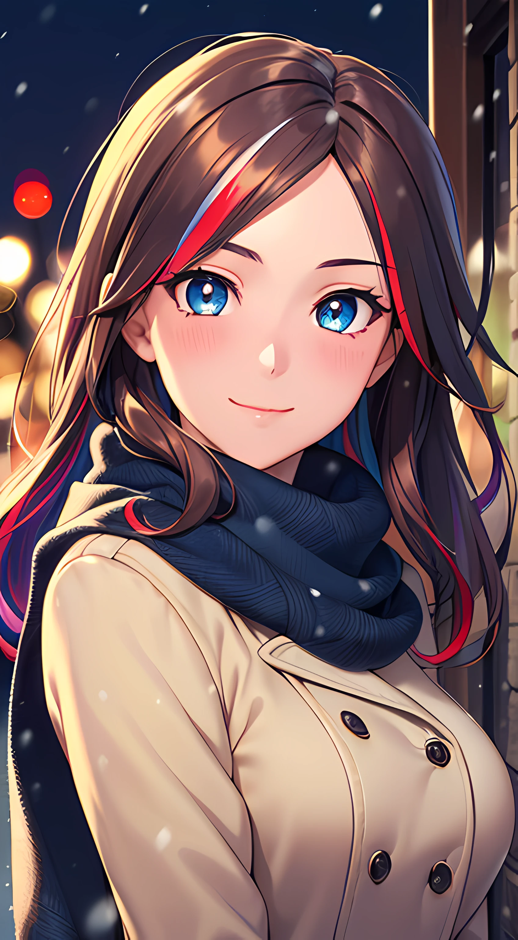 ((masterpiece, best quality, highres, UHD, perfect pixel, depth of field, 4k, RTX, HDR, extremely detailed)), 1girl, single, solo, 24 years old, beautiful anime girl, beautiful art style, anime character, smile, beautiful smile, ((long hair, parted bangs, multicolored hair)), (colorful eyes:1.4, rounded eyes, beautiful eyelashes, realistic eyes, extremely detailed pupil), (detailed face, blushing:1.2), (smooth texture:0.75, realistic texture:0.65, photorealistic:1.2, cinematic, anime CG style), medium breasts, perfect body, busty, (dynamic angle, POV, close up), ((winter clothes, long coats, mittens, gloves, scarf)), night, city lights, bokeh:1.4, (outdoor, city buildings, crowd), ((winter, snowfall:1.8, the wind blows)), (graceful, prestigious, glorious, elegant)