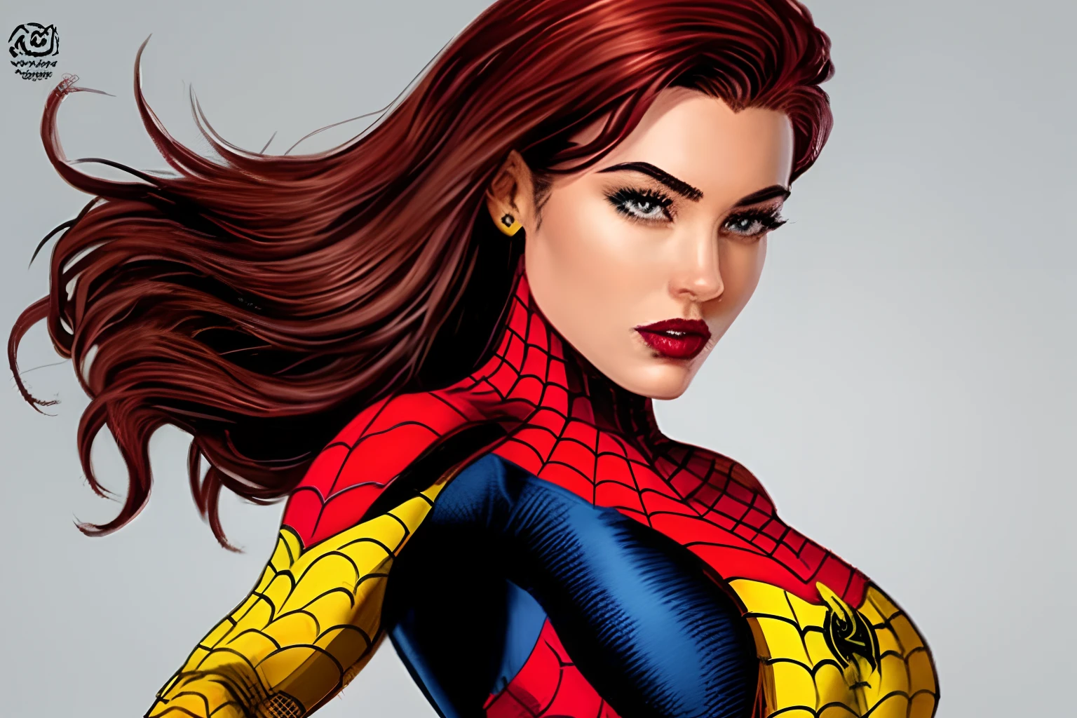 tan spiderman woman with very dark red hair, medium lips, hispanic ethnic nose