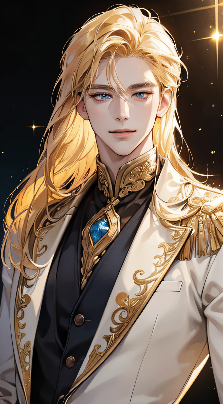 {(best quality, 8k, masterpiece, HDR, soft lighting, perfect image, digital illustration, manhwa art, hyper detailed image, perfect lines, realistic)} 1 very handsome man, golden blonde hair, dark blue eyes, luxurious clothes (imposing posture, smiling), {(black background with golden sparkles, blurred)}