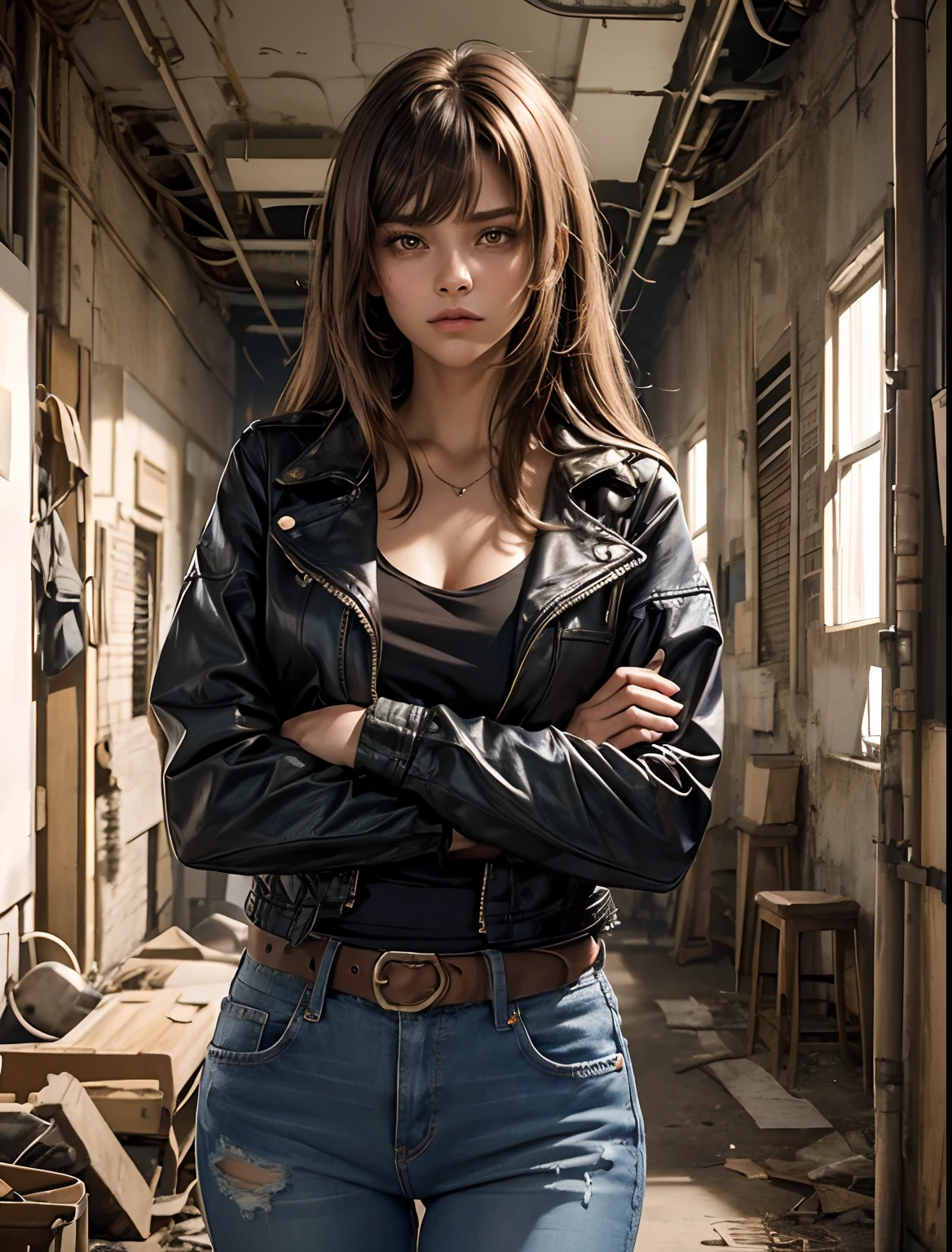 A beautiful woman. She has light brown hair that reaches around her shoulders. Her bangs are down, hiding her forehead. He is dressed in modern clothing and wears jeans. She has her arms crossed and a defiant look on her face. In her background is a secret, abandoned laboratory that stands in the darkness of night.