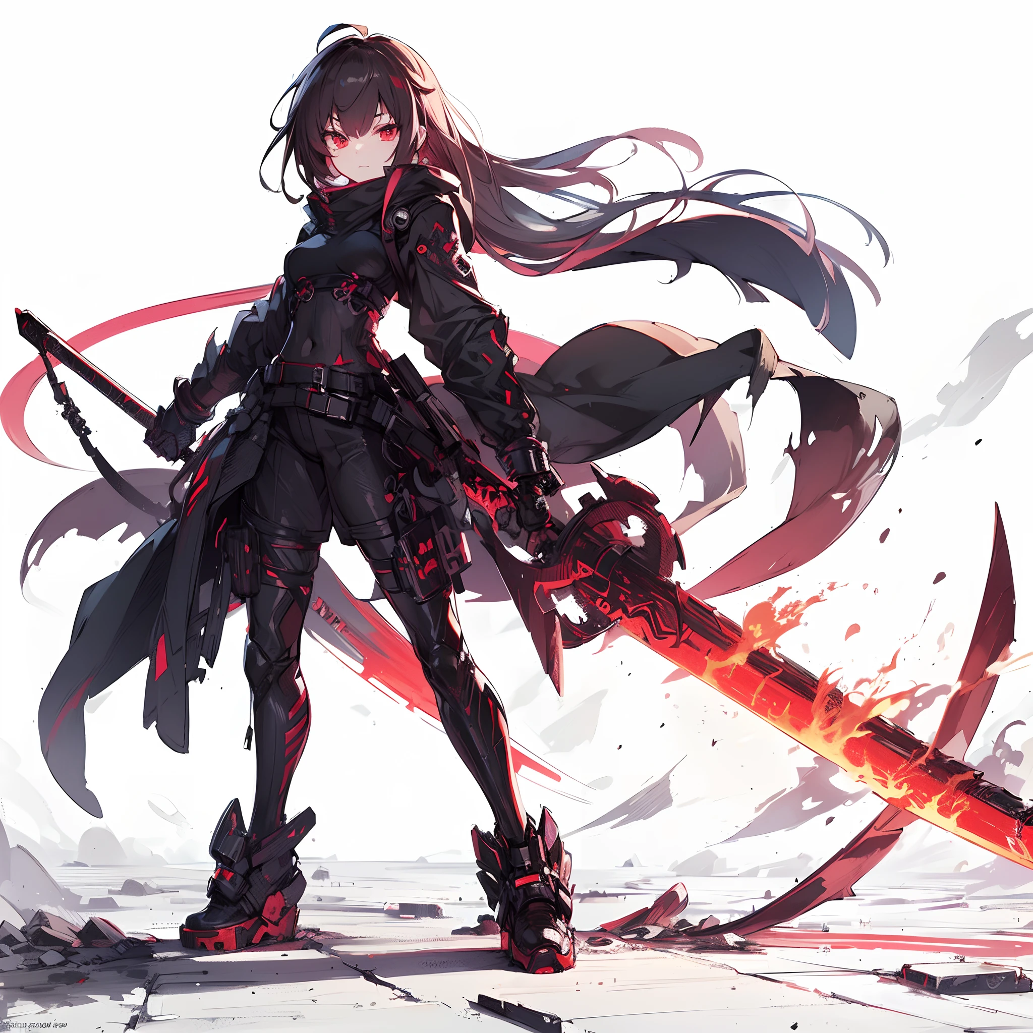 (masutepiece, Best Quality), (Perfect athlete body:1.2), (detailed hairs), Ultra-detailed, Anime style, Full body, Cyberpunk Ninja Girl, Japan hairstyles, Red Eyes, Wield the Giant Flaming Sword, Standing in the wasteland, Wear high-tech boots, 8K High Resolution, trend artstation, White background, Standing in the wasteland, Whole body,