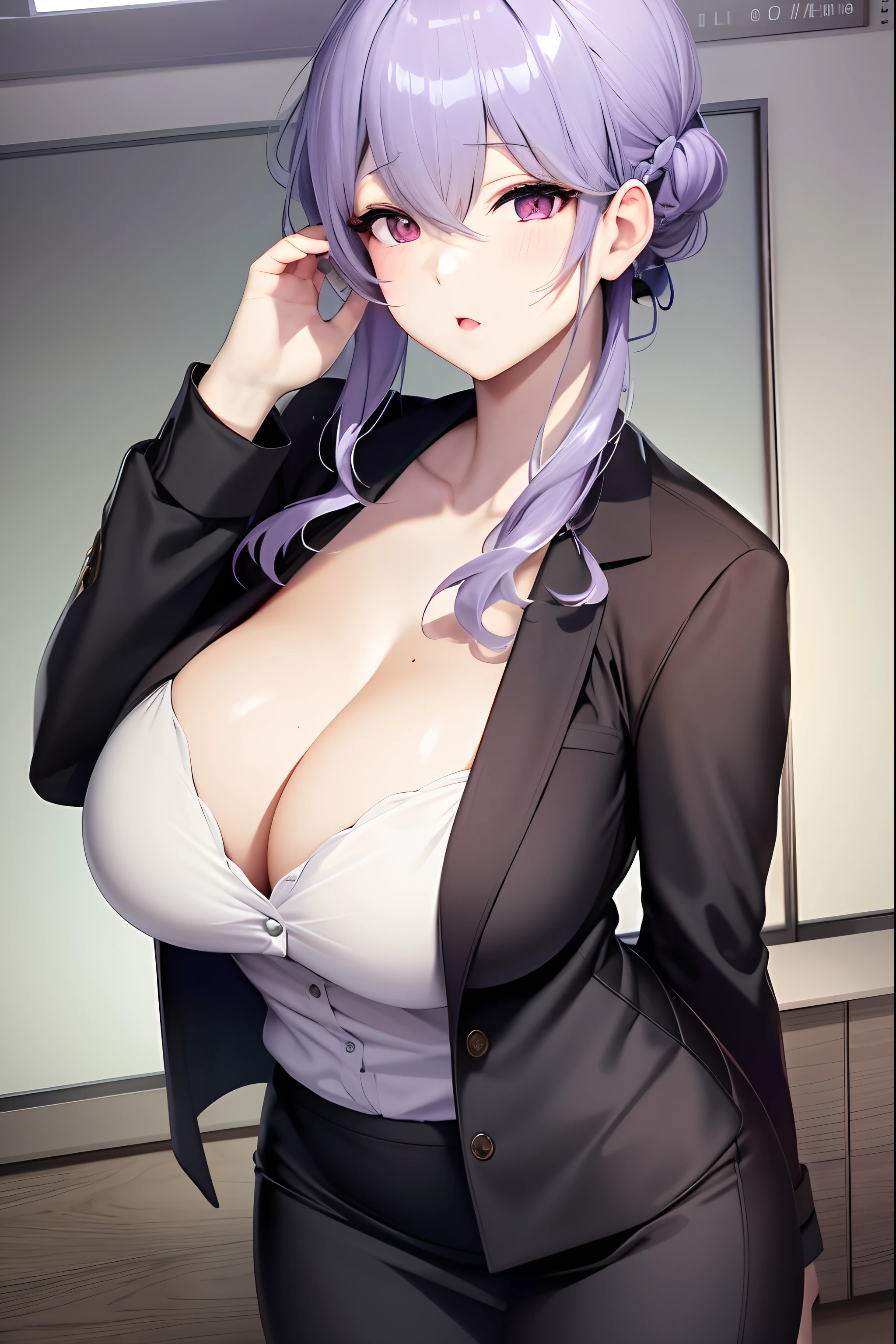 Anime - Imagen de estilo de una mujer con cabello morado y una chaqueta negra, seductora chica de anime, (SFW) Seguro para el trabajo, escote, pechos grandes!, OPPAI, Anime CG arte suave, pechos grandes!!, Detalles finos. girls frontline, con unos pechos grandes, En traje estricto, Thicc, En un traje estricto, De Girls Frontline, Anime Moe Artstyle