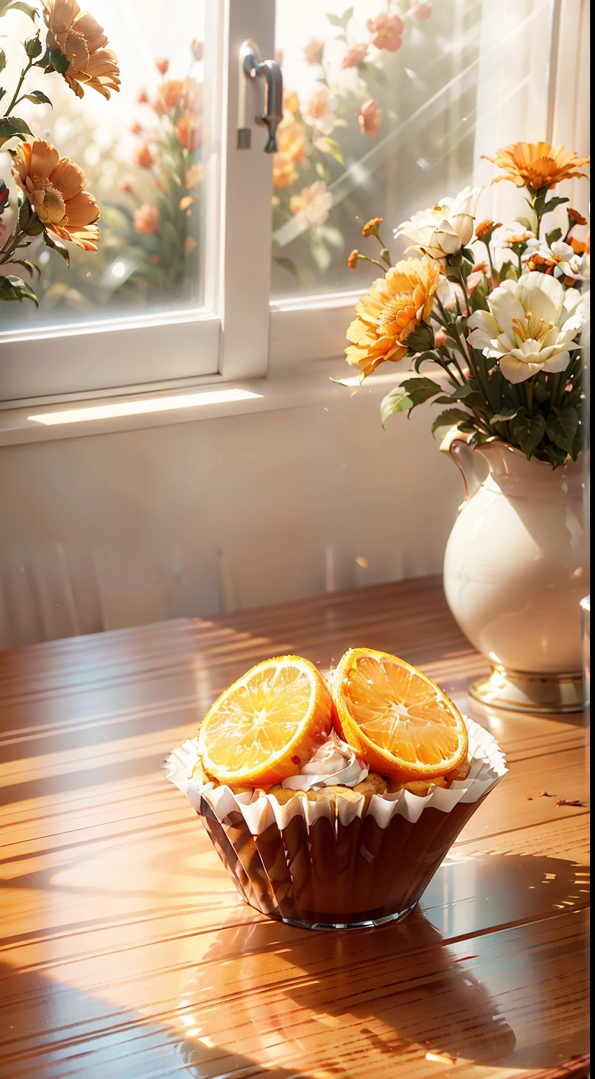 Extreme close-up，Clear，tmasterpiece，Mahogany dining table，There were cupcakes on the table，red wine，wineglass，oranges，apples，Beautiful decoration with bouquet of flowers，Bright natural light，Outside the window it is autumn，Translucent screen curtains，liveroom，C4D，Empty product display scene，Positive perspective，first person perspective