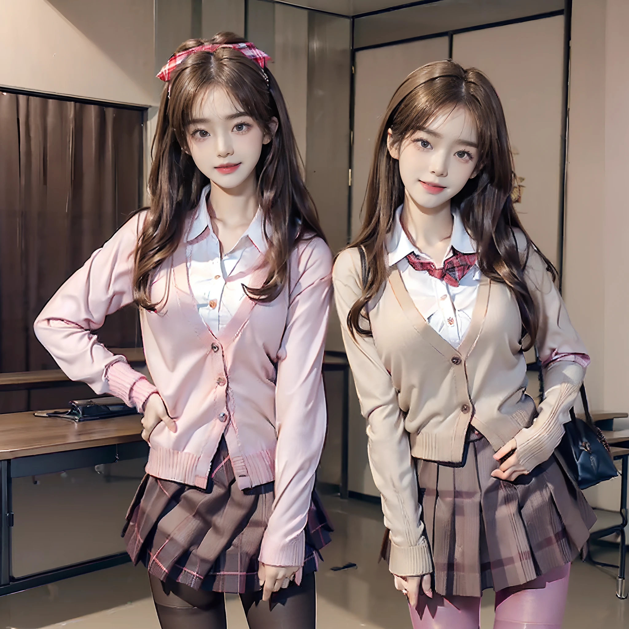 ((top-quality、8K、masterpiece:1.3))、(((2girls)):1.3),((anatomy correct):1.45)、(Full body:1.5)、(((32years old)))、foco nítido:1.2、(realisitic、Photorealsitic:1.37)、(((A smile)))、Gaze towards the viewer、Beautiful Face Woman、28 year old、pointed chest、long eyeslashes、Colorcon、Big 、delicated、Very detailed eyes、Highly detailed eyebrows、(Sharp Eyebrows)、(Thin eyebrows)、very vey very detailed face、((Brunette short disheveled hair))、(School Uniforms:1.2), (Pink cardigan fits the body:1.4), ((Raise button, Not loose):1.5), ((Long sleeve, sleeves past wrists):1.2), (White collar shirt underneath:1.3), (Red plaid bow:1.3), (red plaid pleated skirt:1.3), ((Light brown pantyhose, lowfers):1.2), school classrooms、Detailed background、(8K、masterpiece、top-quality、Raw foto)、Every person has a different face