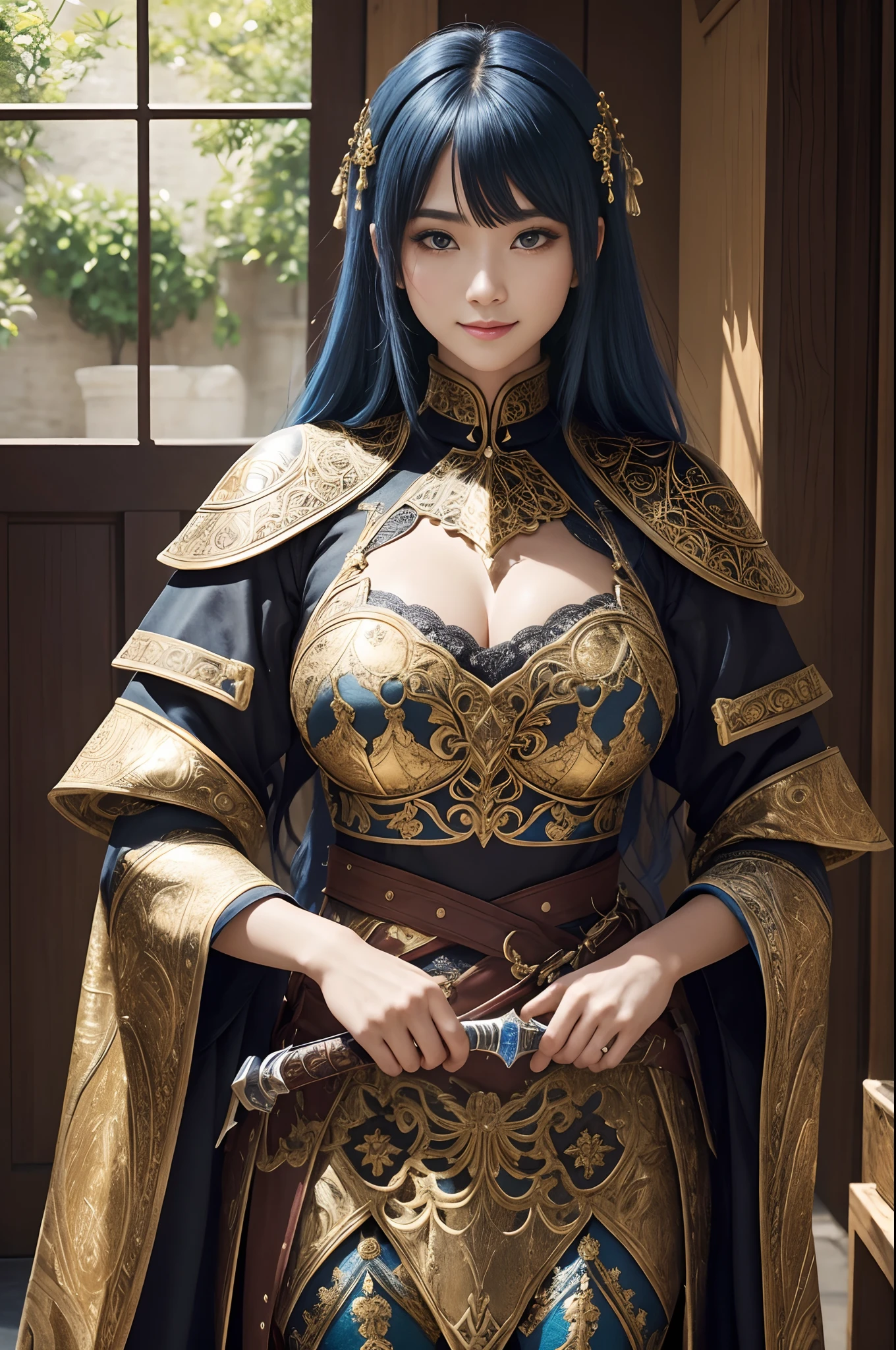 (dark shot:1.1)The whole body of a mature holy knight,Big sexy holy knight chest armor(absurderes、hight resolution、The ultra-detailliert)、One woman's whole body、Red and white female Holy Knight armor,Mature holy knight with big breasts、Extravagant black and gold trousers、Blue hair short bob、Skinny and big、blue eyess、Muscular and macho、finely eye and detailed face、intricate detailes、BREAK mosaic art、small pieces、colorful tesserae、Complex pattern、Tiled design、durable surfaces、Old fashioned technique BREAK macro photography、extreme close - up、intricate detailes、Enlarged texture、stunning clarity、Hidden beauty、Interruption of immersive perspective、artisanal creations、Handmade Products、unique designs、intricate detailes、Creative expression、skilled craftsmanship、魅惑的、enticing、English Garden、A smile、Holding a very big sword,