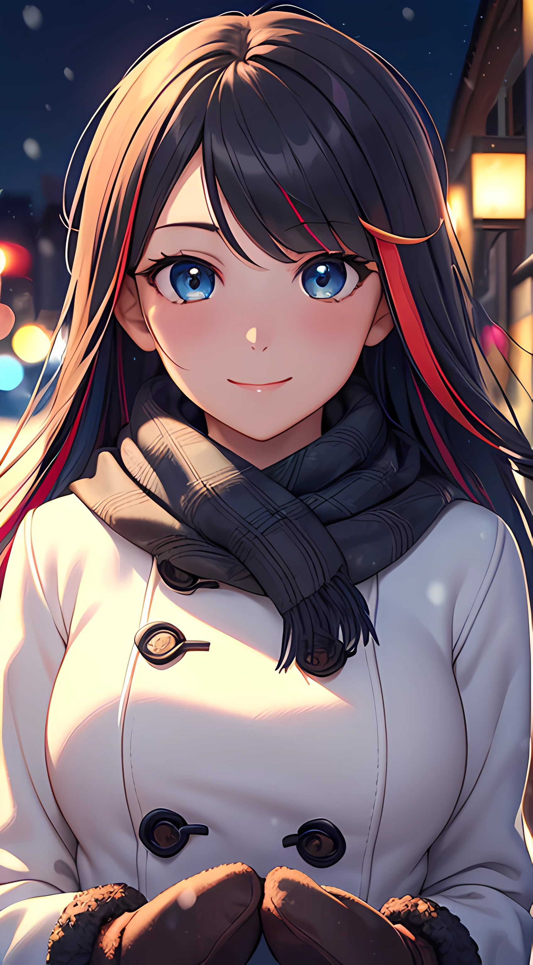 ((masterpiece, best quality, highres, UHD, perfect pixel, depth of field, 4k, RTX, HDR, extremely detailed)), 1girl, single, solo, 24 years old, beautiful anime girl, beautiful art style, anime character, smile, beautiful smile, ((long hair, parted bangs, multicolored hair)), (colorful eyes:1.4, rounded eyes, beautiful eyelashes, realistic eyes, extremely detailed pupil), (detailed face, blushing:1.2), (smooth texture:0.75, realistic texture:0.65, photorealistic:1.2, cinematic, anime CG style), medium breasts, perfect body, busty, (dynamic angle, POV, close up), ((winter clothes, long coats, mittens, gloves, scarf)), night, city lights, bokeh:1.4, (outdoor, city buildings, crowd), ((winter, snowfall:1.8, the wind blows)), (graceful, prestigious, glorious, elegant)