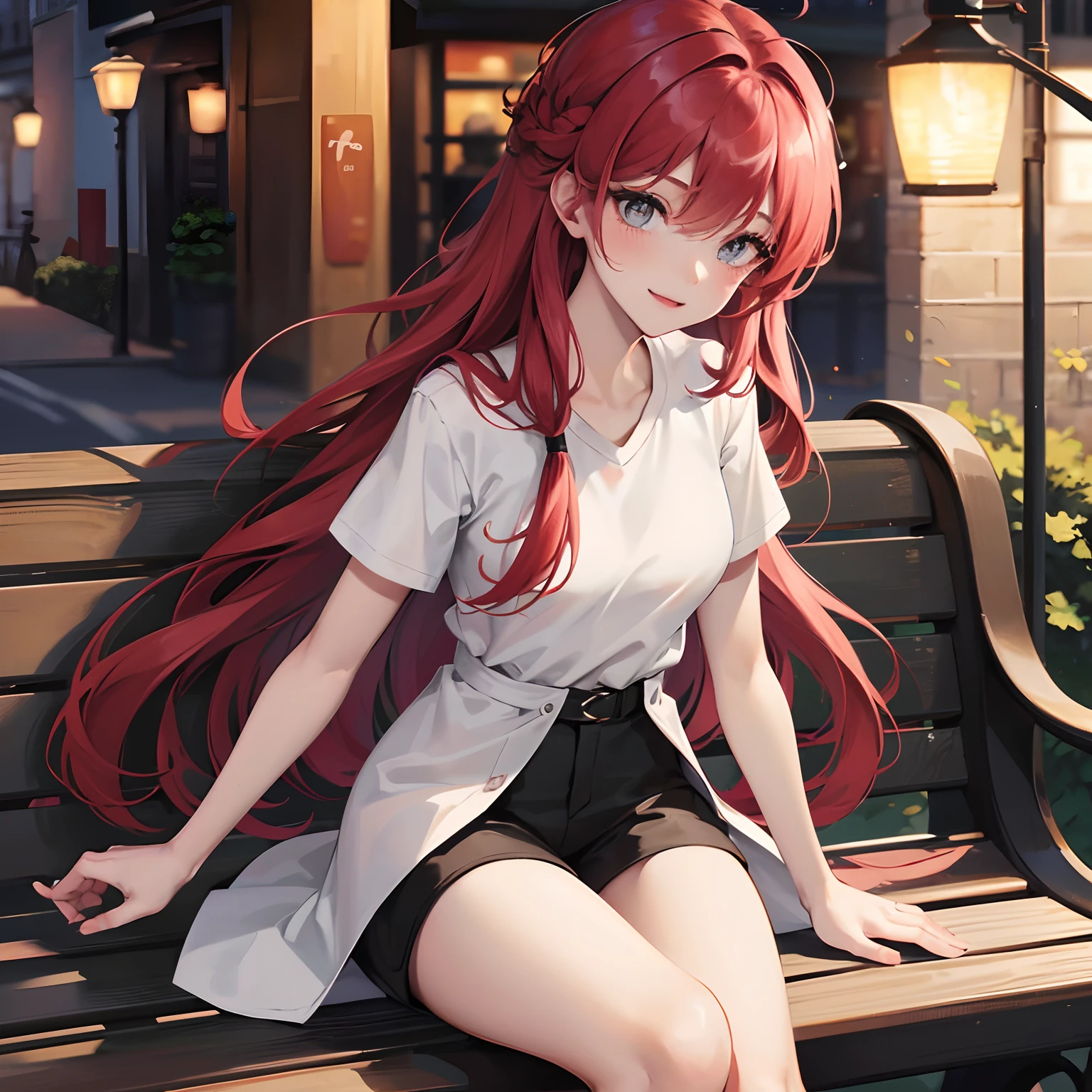 Red long hair, Grey eyes, blush, Smile, Tolerable, Masterpiece, Best Quality, high resolucion;,detail enhancement，best qualtiy，perfect image quality，Visible breasts, The chest is completely exposed, nipplestits, Beautiful and sexy, One-person viewpoint, Small moles under the eyes , prety, large full breasts, s whole body, perfect hand, In the darkness of the evening, Sitting on a park bench with a street lamp on, White short-sleeved T-shirt, black shorts, Lift the upper garment, The upper garment is up to the chest, perfect body figure,
