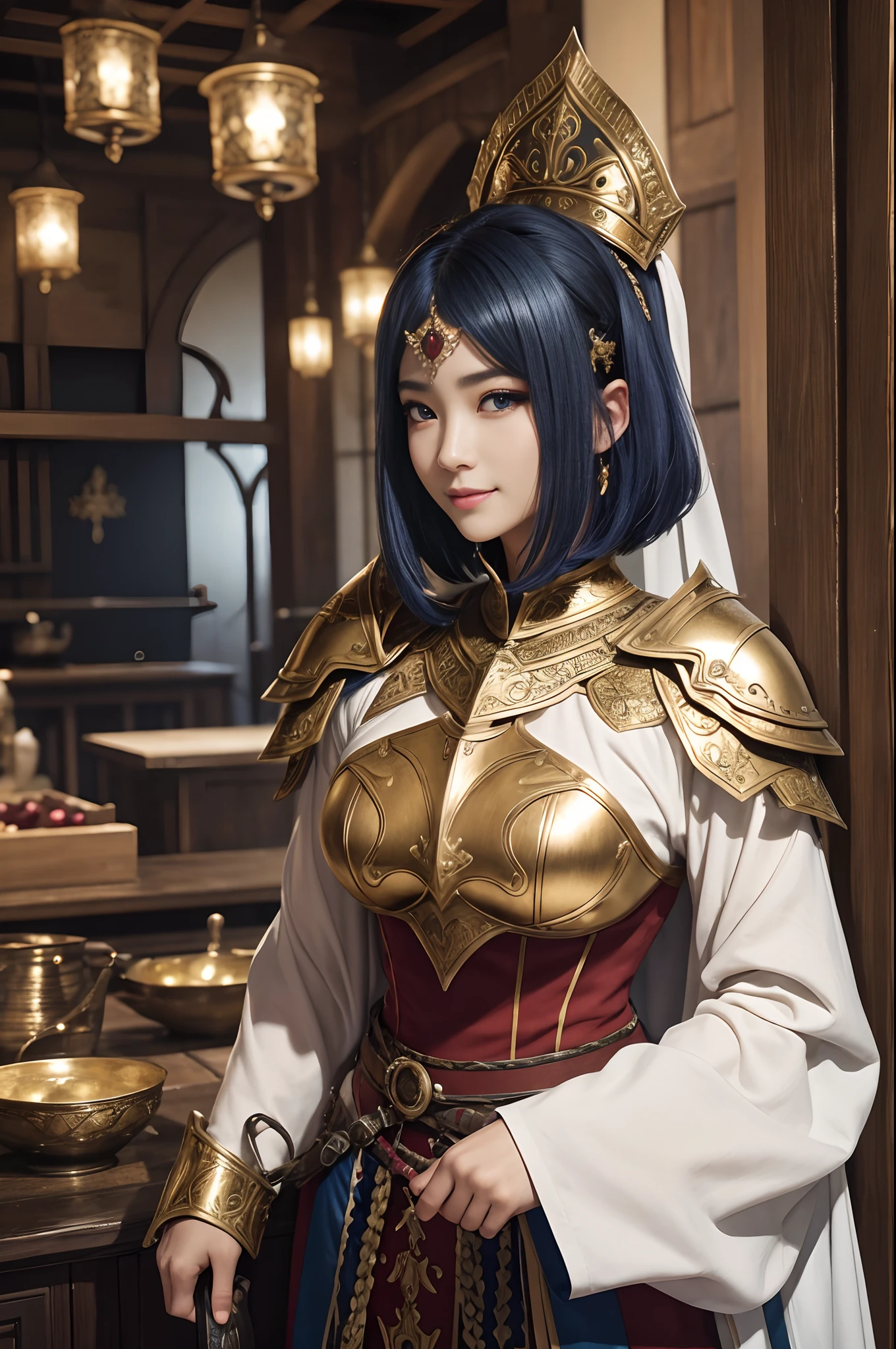 (dark shot:1.1)The whole body of a mature holy knight,Big sexy holy knight chest armor(absurderes、hight resolution、The ultra-detailliert)、One woman's whole body、Red and white female Holy Knight armor,Mature holy knight with big breasts、Extravagant black and gold trousers、Blue hair short bob、Skinny and big、blue eyess、Muscular and macho、finely eye and detailed face、intricate detailes、BREAK mosaic art、small pieces、colorful tesserae、Complex pattern、Tiled design、durable surfaces、Old fashioned technique BREAK macro photography、extreme close - up、intricate detailes、Enlarged texture、stunning clarity、Hidden beauty、Interruption of immersive perspective、artisanal creations、Handmade Products、unique designs、intricate detailes、Creative expression、skilled craftsmanship、魅惑的、enticing、English Garden、A smile、Holding a very big sword,