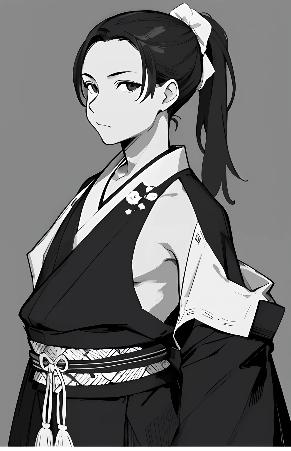 a man with a messy ponytail in a japanese gii in black and white