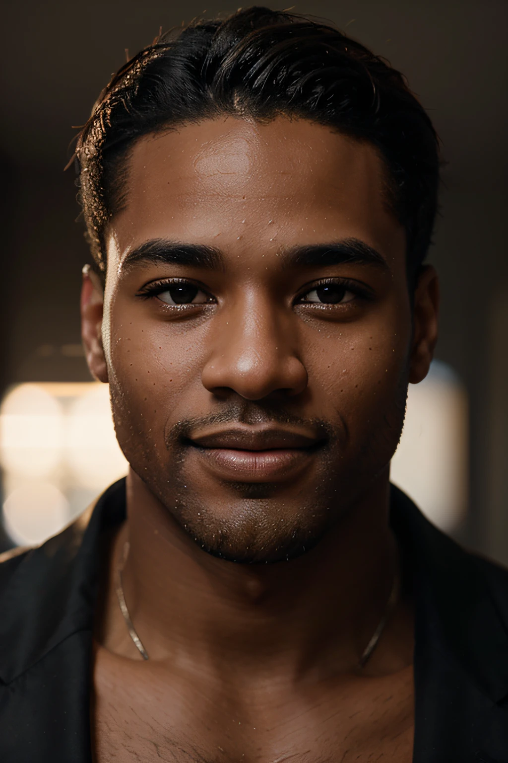 Soft cinematic lighting illuminates a beautiful, incredibly detailed and ultra-realistic 26-year-old African-American model, a business man look, a low taper wave layered cut, clear honey eyes, a captivating perfect smile, a sensual and hot man, incredibly beautiful, which is trending on ArtStation. Octane is the perfect tool for capturing the softest details of this masterpiece of 16k photography.