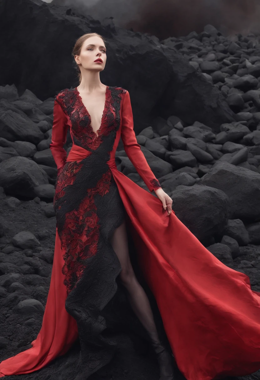 Arad woman in black and red dress,Stand in front of black volcanic stones, , The dress hem is red, The top half of the dress is black, Inspired by Anne Leibovitz, Red and black color, with fires and black smoke, body with black and red lava, author:annie lebovetz, alexander mcqueen haute couture