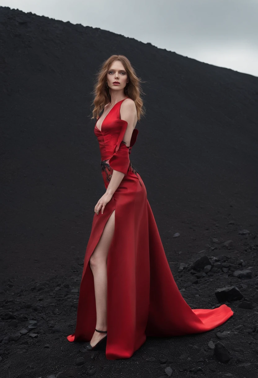 Arad woman in black and red dress,Stand in front of black volcanic stones, , The dress hem is red, The top half of the dress is black, Inspired by Anne Leibovitz, Red and black color, with fires and black smoke, body with black and red lava, author:annie lebovetz, alexander mcqueen haute couture