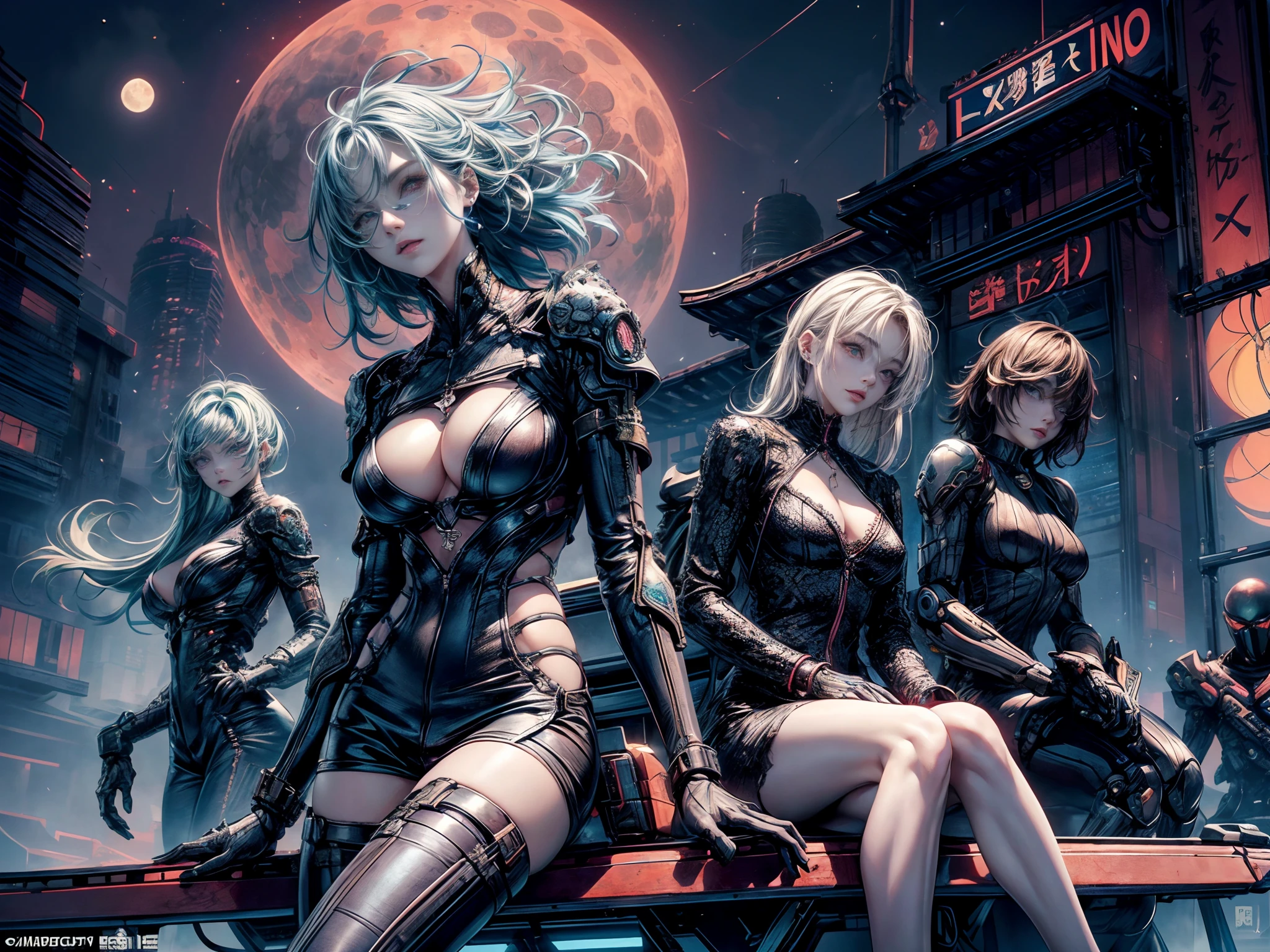 Cinematic lighting,super detailed skin、Beautiful detailed eyes、Best Quality,cyberpunked,(Alternative、dim colors, Soothing tones:1.3),NSFW(3 beautiful women、Detailed beautiful facial features:1.3)silber hair、Blue-haired、Brown hair(well-shaped breasts、Racy leathery clothes、Ripped clothes:1.2)（Arms and legs are machines:1.）（There is one receptionist.、Two people sitting、Threesome girl:1.5）（Huge mechanical helicopter in the sky）、Doomsday World、On the roof of a building、Tokyo in the near future(Mechanical Moon:1.2)（Teaser Visual:1.2）