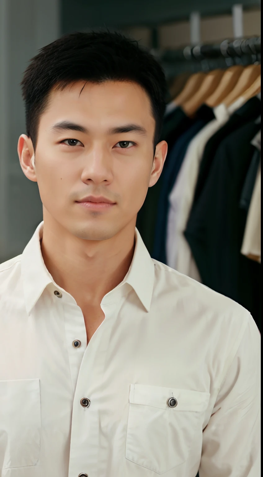 1人, a 30 y.o Muscle evil，Wear a long-sleeved white shirt and tie, In a clothing store, Soft lighting, Masterpiece, Best quality, 8K  UHD, Digital SLR, filmgrain, Fujifilm XT3 The art of realistic painting，Composed by Midjourney and Greg Rutkowski