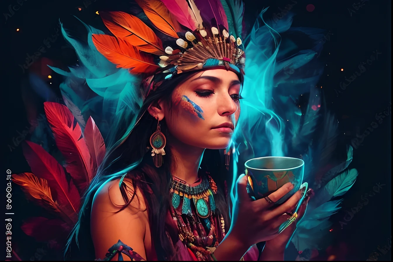 A woman with feathers and a cup of tea, ayahuasca shaman, a young female shaman, wholesome techno - shaman lady, ayahuasca, ayahuasca ceremony, : native american shamen fantasy, the ayahuasca spirit, shaman witch, xamanismo, she is dressed in shaman clothes, Nativo americano, beautiful young female shaman, 16k, highes definition, rosto detalhado, rosto detalhado, olhos detalhados, terno detalhado, estilo DC, hiper-realista, + Cinematographic shot + dynamic compositing, incrivelmente detalhado, nitidez, detalhes + detalhes soberbos + noite com luz + perfeccionismo + realismo premiado ((soft-lighting))