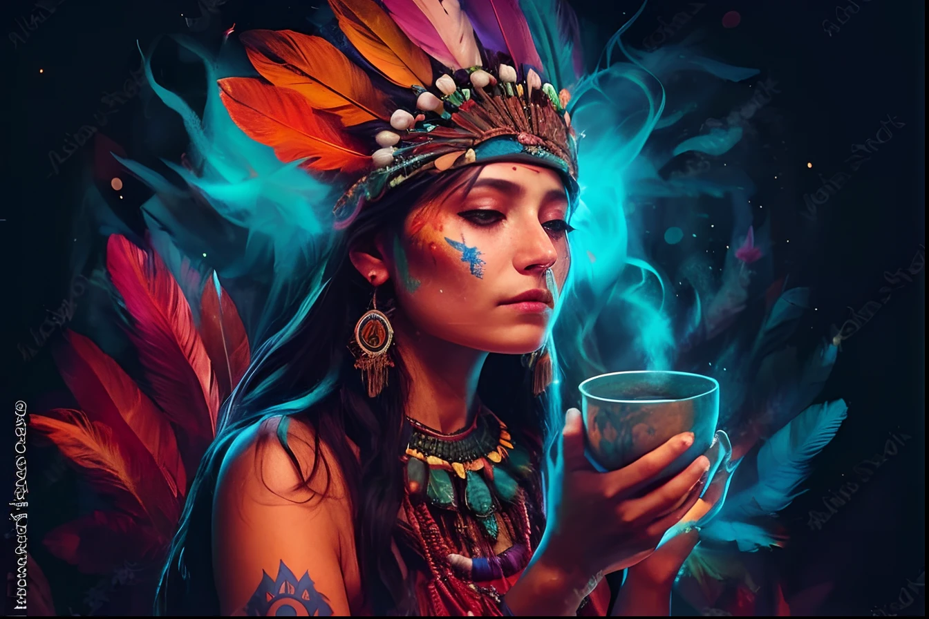 A woman with feathers and a cup of tea, ayahuasca shaman, a young female shaman, wholesome techno - shaman lady, ayahuasca, ayahuasca ceremony, : native american shamen fantasy, the ayahuasca spirit, shaman witch, xamanismo, she is dressed in shaman clothes, Nativo americano, beautiful young female shaman, 16k, highes definition, rosto detalhado, rosto detalhado, olhos detalhados, terno detalhado, estilo DC, hiper-realista, + Cinematographic shot + dynamic compositing, incrivelmente detalhado, nitidez, detalhes + detalhes soberbos + noite com luz + perfeccionismo + realismo premiado ((soft-lighting))