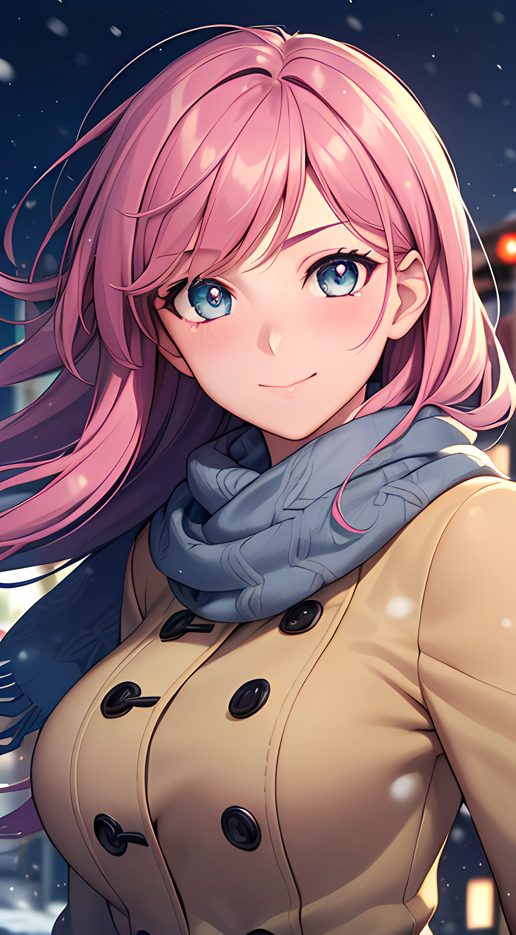 ((masterpiece, best quality, highres, UHD, perfect pixel, depth of field, 4k, RTX, HDR, extremely detailed)), 1girl, single, solo, 24 years old, beautiful anime girl, beautiful art style, anime character, smile, beautiful smile, ((long hair, parted bangs, colorful hair)), (colorful eyes:1.4, rounded eyes, beautiful eyelashes, realistic eyes, extremely detailed pupil), (detailed face, blushing:1.2), (smooth texture:0.75, realistic texture:0.65, photorealistic:1.2, cinematic, anime CG style), medium breasts, perfect body, busty, (dynamic angle, POV, close up), ((winter clothes, long coats, mittens, gloves, scarf)), night, city lights, bokeh:1.4, (outdoor, city buildings, crowd), ((winter, snowfall:1.8, the wind blows)), (graceful, prestigious, glorious, elegant)