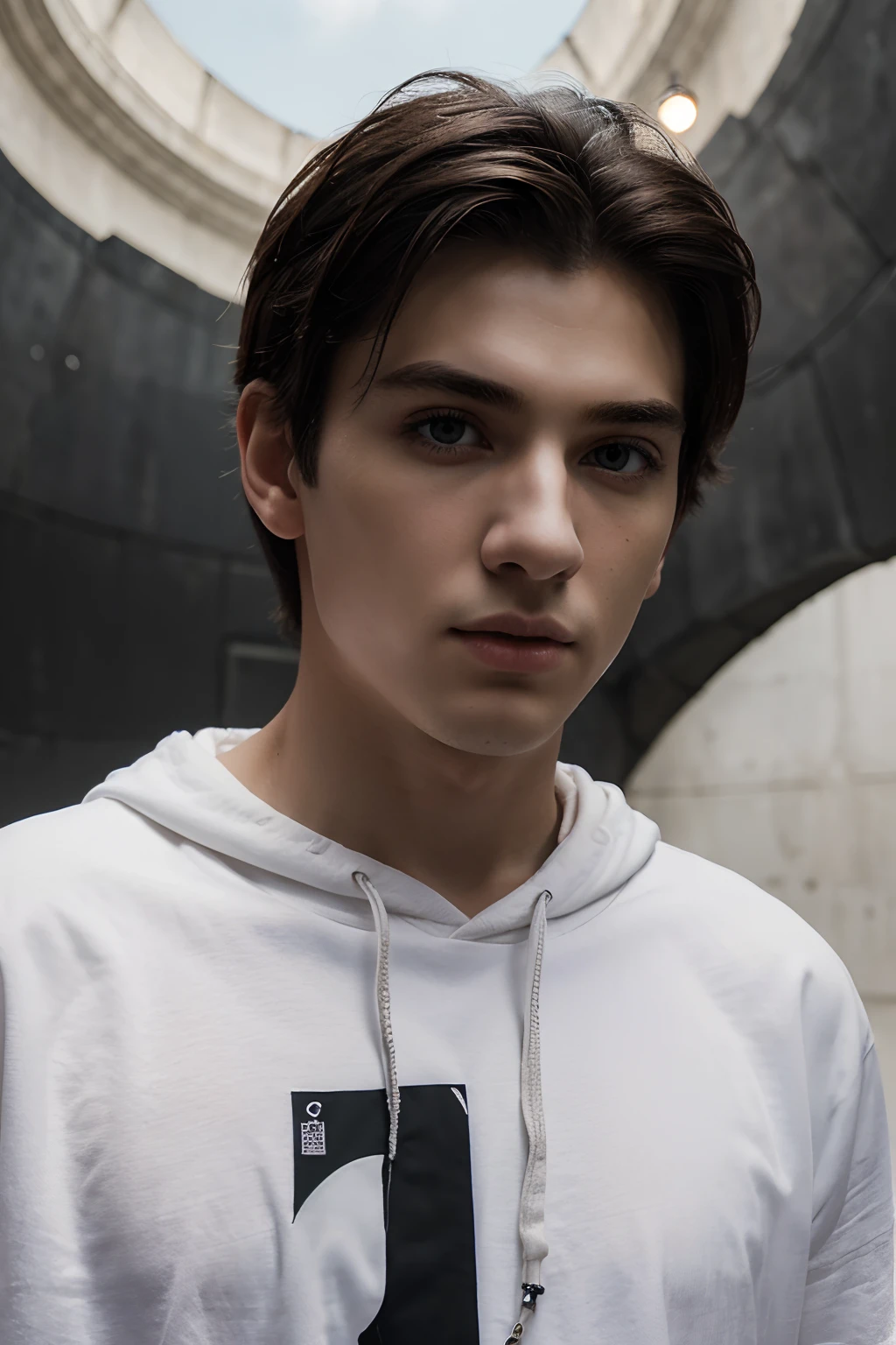 (masterpiece:1.2), (best quality:1.2), hyper realistic,high-end,absurd,extremely detailed,volumatic,dramatic lighting,(Front view),20 year old boy,face,detailed eyes,white hood,black t-shirt, with antecedents ((sky))