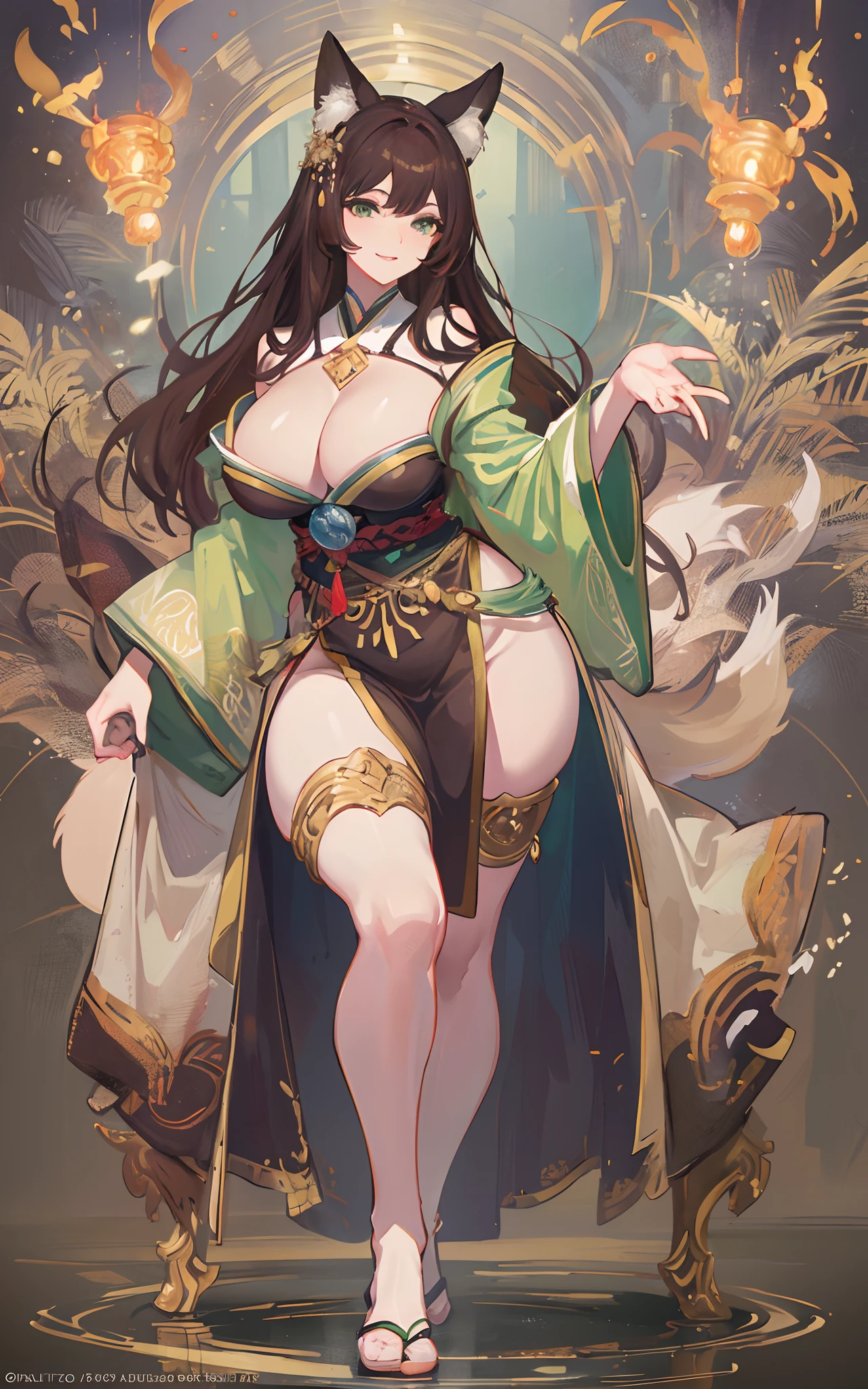 (Masterpiece: 1.5), (Best Quality: 1.5), Perfect Eyes, Perfect Face, Volumetric Lighting, 1 Woman, Mature Woman, (Whiteness: 5), Fox ears, Fox tail, green eyes, dark brown hair, massive breasts, massive cleavage, kimono, thick thighs, wide hips, sexy, bare foot, full body, seductive smiling,