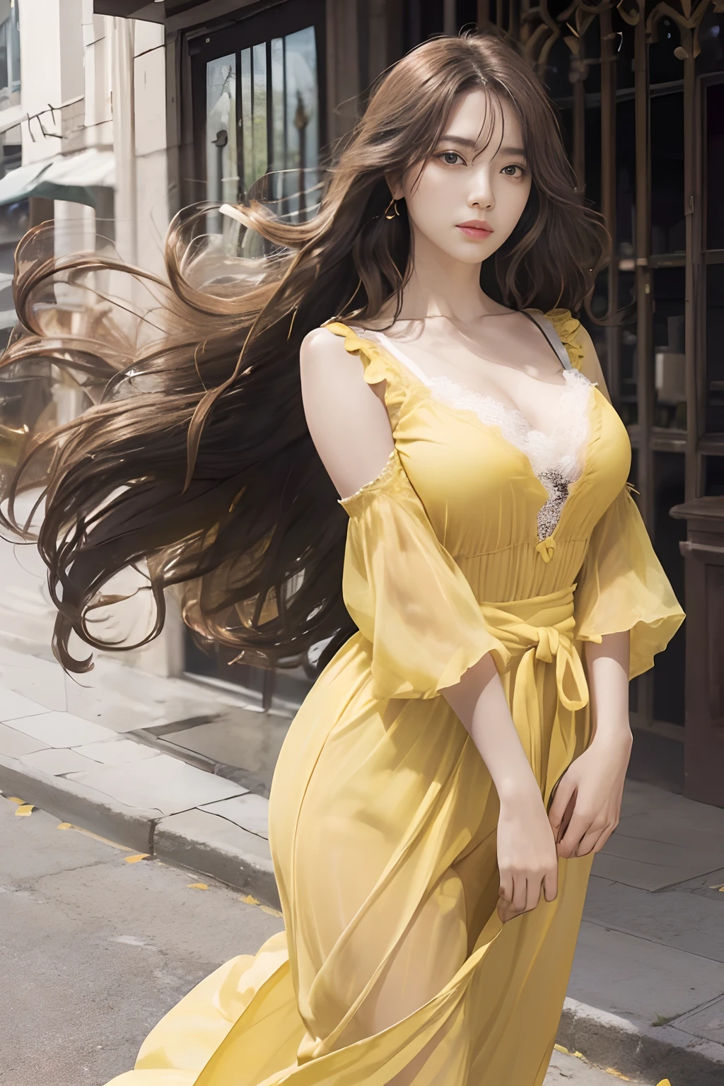 Highest Quality,(Photorealistic:1.1), Solo, ((FULL BODYSHOT)), beautiful a girl, (Correct body balance),  Correct ???????, (Very cute), (Lace blouse in lemon yellow color, :1.2), long hair to the waist, Beautiful big eyes, lightsmile, Beautiful body,Beautiful hourglass, Large breasts, Big hips, oilly skin, The background is in the city, (Gusts of wind are blowing:1.5)、(disheveled clothes and long hair:1.5)、sexypose、Dramatic Pose、The depth of field is shallow、Near and far law、Top-quality lighting that doesn't darken your face when backlit、