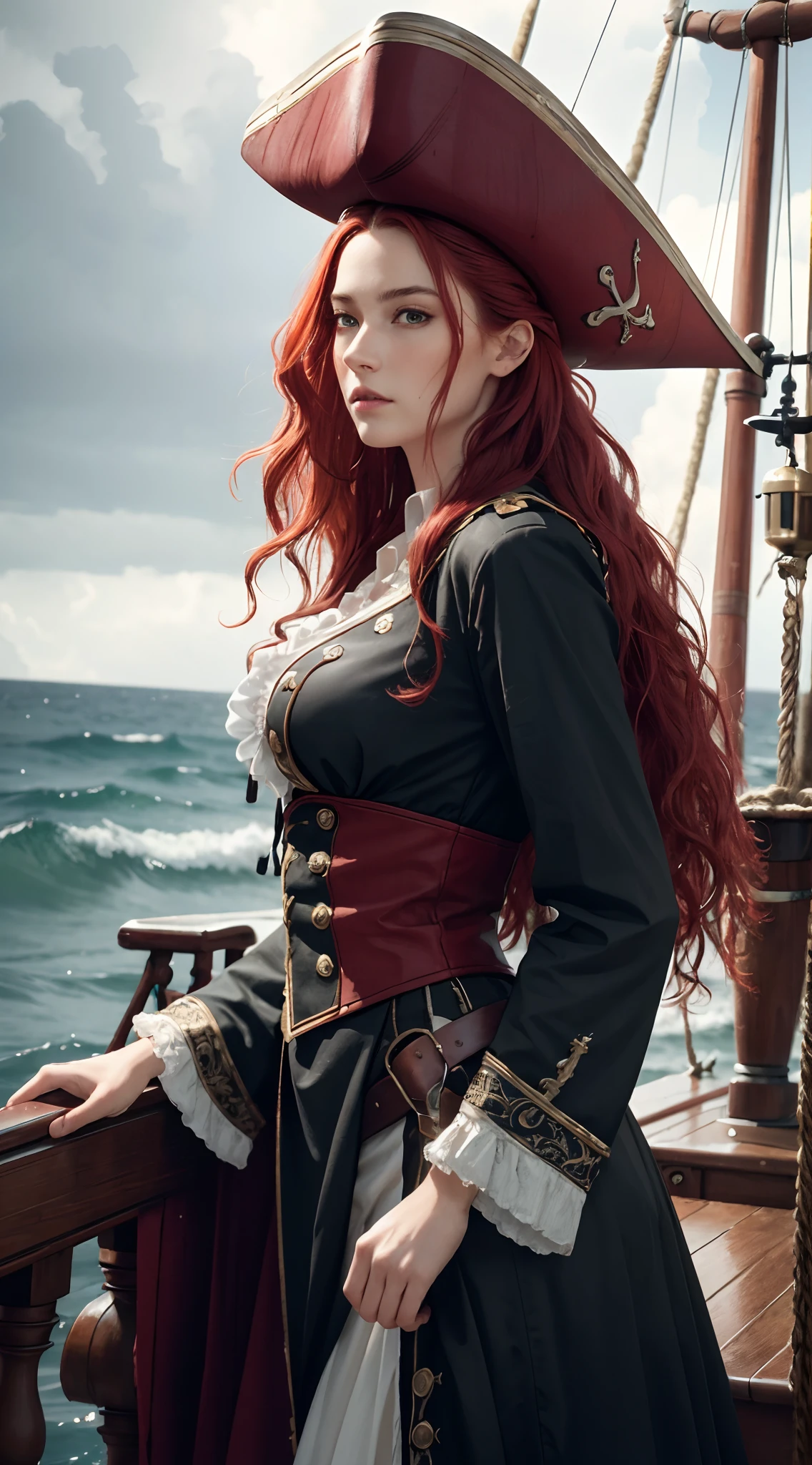 (masterpiece, best quality, award winning, highres), 1 beautiful female pirate, skinny, tall, scarlet hair, big breast, pirate hat, intricate pirate clothes, intricate and beautiful design, highly detailed beautiful face, wavy red hair, detailed flowing hair, standing at helm on pirate ship, pirate ship, storm, rain, rough sea, detailed background, water splash, extremely CG detail, ultra detail