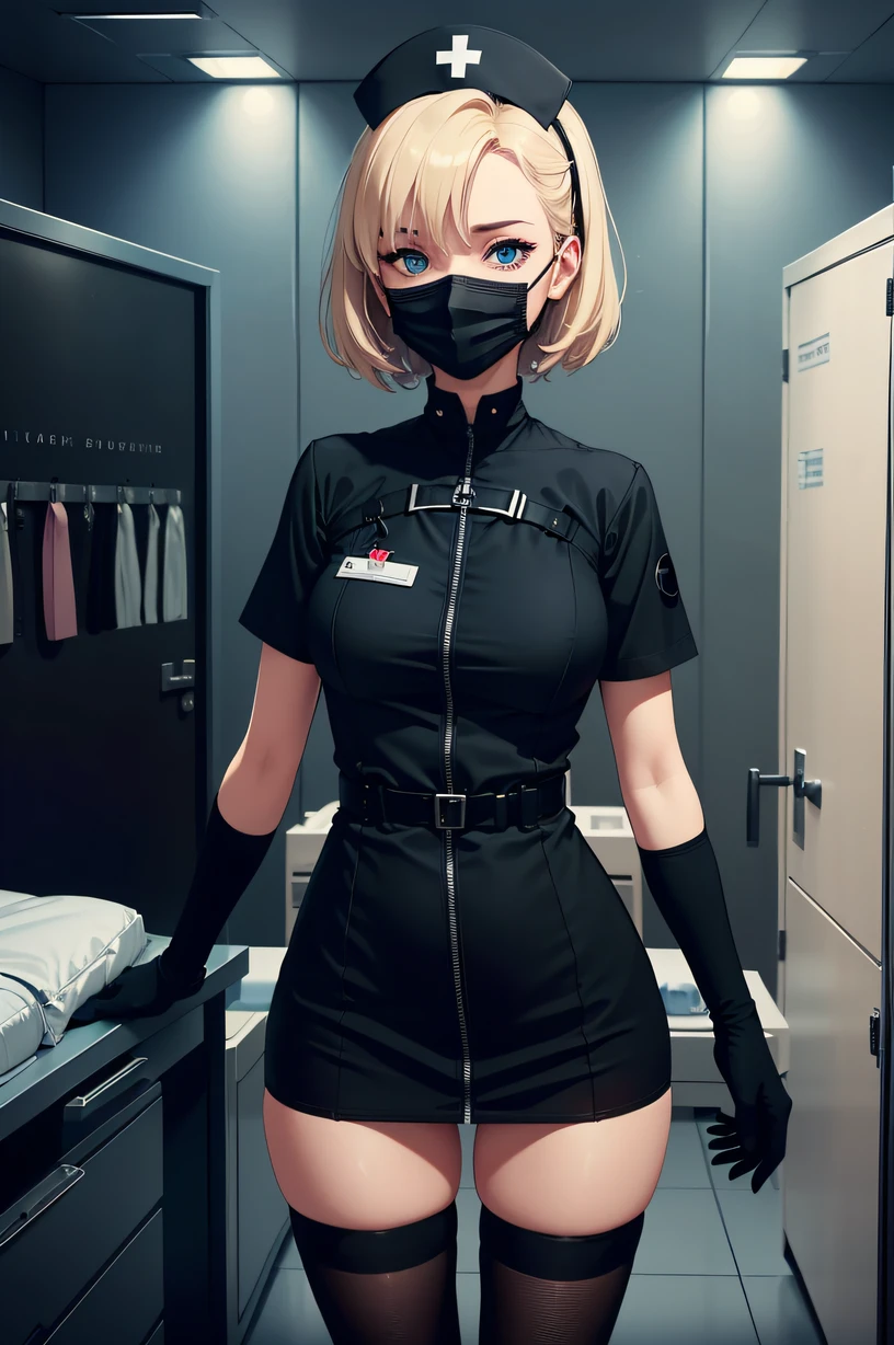 black nurse, 1woman, solo, black nurse cap, black wear, ((black legwear, zettai ryouiki)), black elbow gloves, blonde hair, blue eyes, ((black surgical mask, covered nose)), standing, ((surgery room)), sharp outline, short sleeves, mature female, 35 years old, best quality, masterpiece