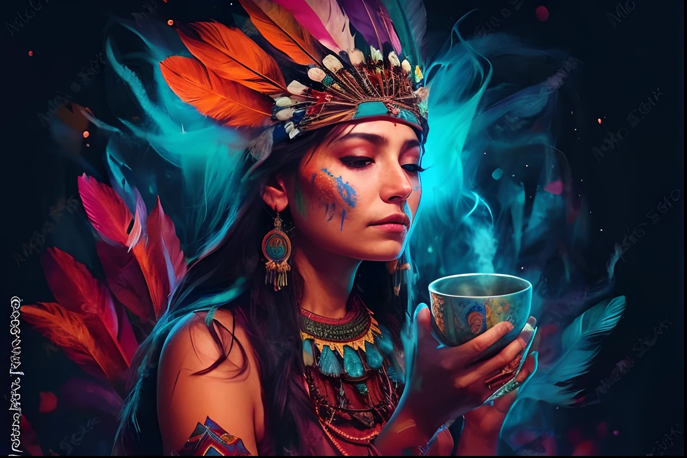 A woman with feathers and a cup of tea, ayahuasca shaman, a young female shaman, wholesome techno - shaman lady, ayahuasca, ayahuasca ceremony, : native american shamen fantasy, the ayahuasca spirit, shaman witch, xamanismo, she is dressed in shaman clothes, Nativo americano, beautiful young female shaman, 16k, highes definition, rosto detalhado, rosto detalhado, olhos detalhados, terno detalhado, estilo DC, hiper-realista, + Cinematographic shot + dynamic compositing, incrivelmente detalhado, nitidez, detalhes + detalhes soberbos + noite com luz + perfeccionismo + realismo premiado ((soft-lighting))