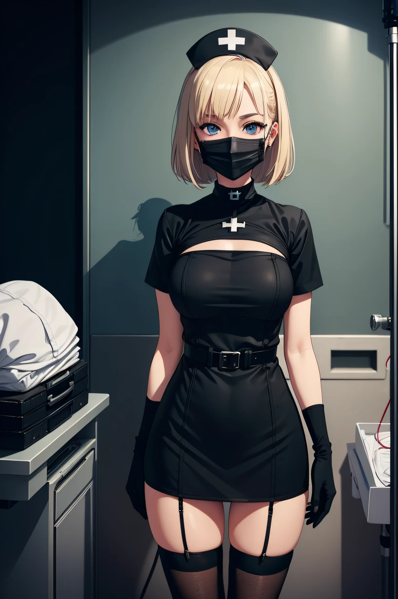 black nurse, 1woman, solo, black nurse cap, black wear, ((black legwear, zettai ryouiki)), black elbow gloves, blonde hair, blue eyes, ((black surgical mask, covered nose)), standing, ((surgery room)), sharp outline, short sleeves, mature female, 35 years old, best quality, masterpiece