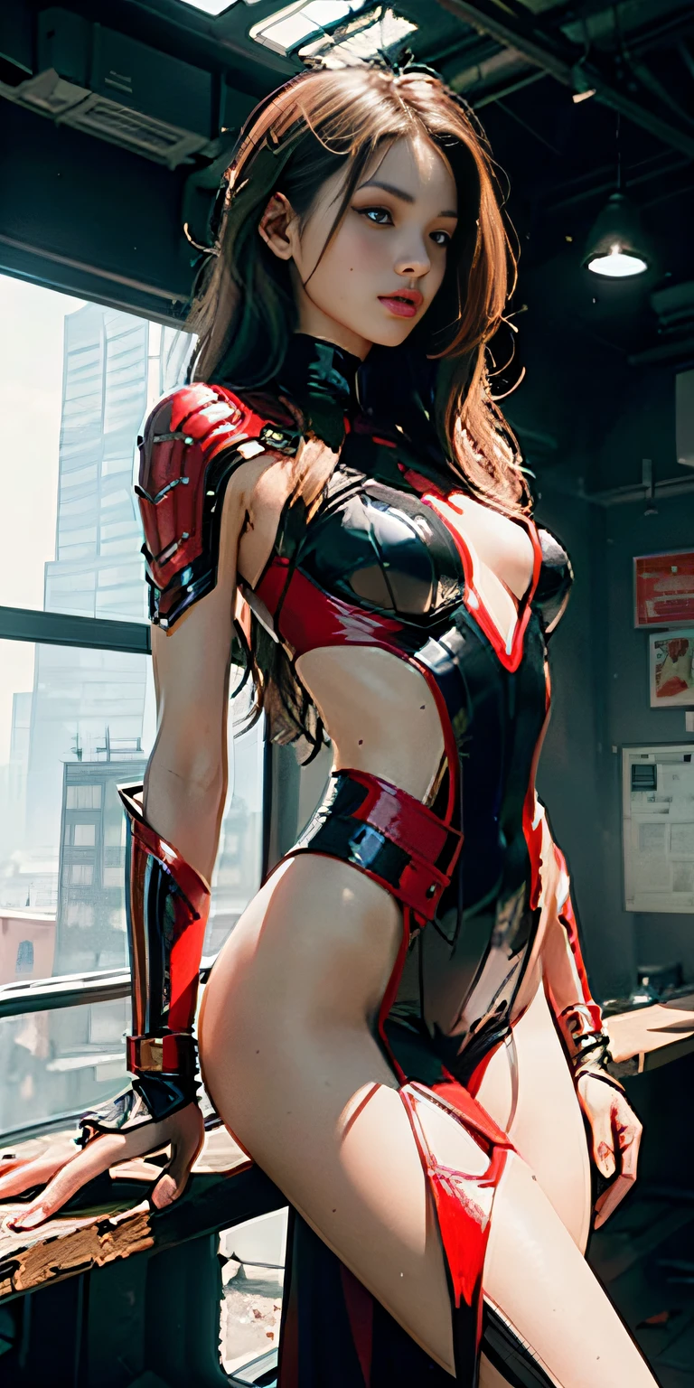 (1girl in:1.3), Solo,__body-parts__, Official art, Unity 8k壁纸, ultra-detailliert, Beautiful and aesthetic, Beautiful, masutepiece, Best Quality, raw, masutepiece, Super Fine Photo,, Best Quality, 超A high resolution, Photorealistic, Sunlight, Full body portrait, stunningly beautiful,, Dynamic Pose, Delicate face, Vibrant eyes, (Side view), She wears a futuristic Scarlet Witch outfit, Red , Very detailed abandoned warehouse background, Detailed face, Detailed complex busy background, Messy, Gorgeous, Milky, High detailed skin, Realistic skin details, Visible Pore, Sharp Focus, Volumetric fog, 8K UHD, dslr camera, High quality, Film grain, Fair skin, Photorealism, Lomography, sprawling metropolis in a futuristic dystopia, View from below, translucent, Unique sexy design