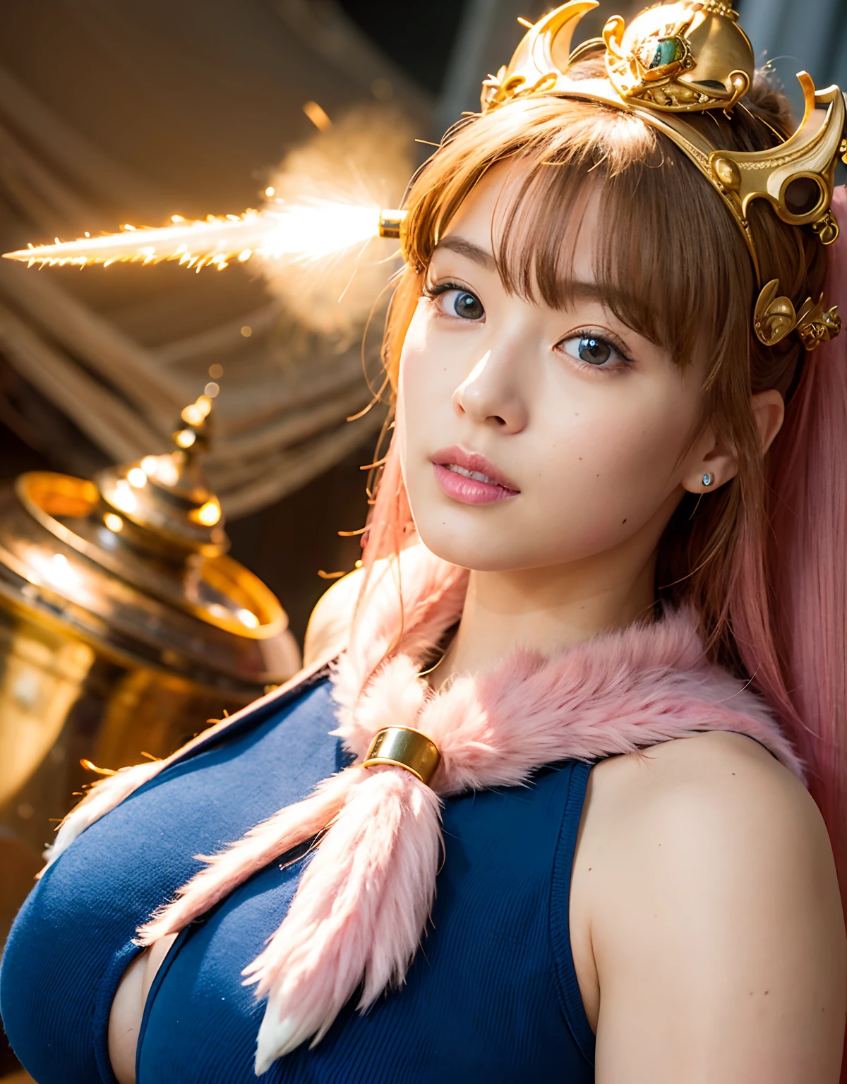 Professional , ​masterpiece、top-quality、photos realistic , 、top-quality、超A high resolution、(Photorealsitic:1.4)、Raw photo、depth of fields （Gemstone Gold Metal Body:1.9),(Matte White、Toostock、(((heavy breasts)))、（cleavage of the breast）、（Detailed Dragon Armor）、（Have the strongest weapon）、（(Random Hairstyles 1.6),Dark Fantasy,）explosions、（Precipitous cliffs),Dragon Gold Weapon,Mystical expression、Particles of light、Fight dragons、（Detailed Dragon Helmet) ,（（ Dragon's dense and gorgeous sword）） , Beautiful knife    ,Detail and gorgeous crown、（（Blue hair））、（Castle background）、、（（Gangle's forest background））、Beautiful Caucasian beauty、１a person、dynamic ungle,(((Detailed pink micro bikini)))、Smaller head、A smile、Castle background、Thin and beautiful female hands、cleavage of the breast、Soldier in iron armor on background、Mystical expression、Light Effects、intense fighting、Wind-effect、magic circles、With the legendary magic wand、（demonic wings）、Toostock、