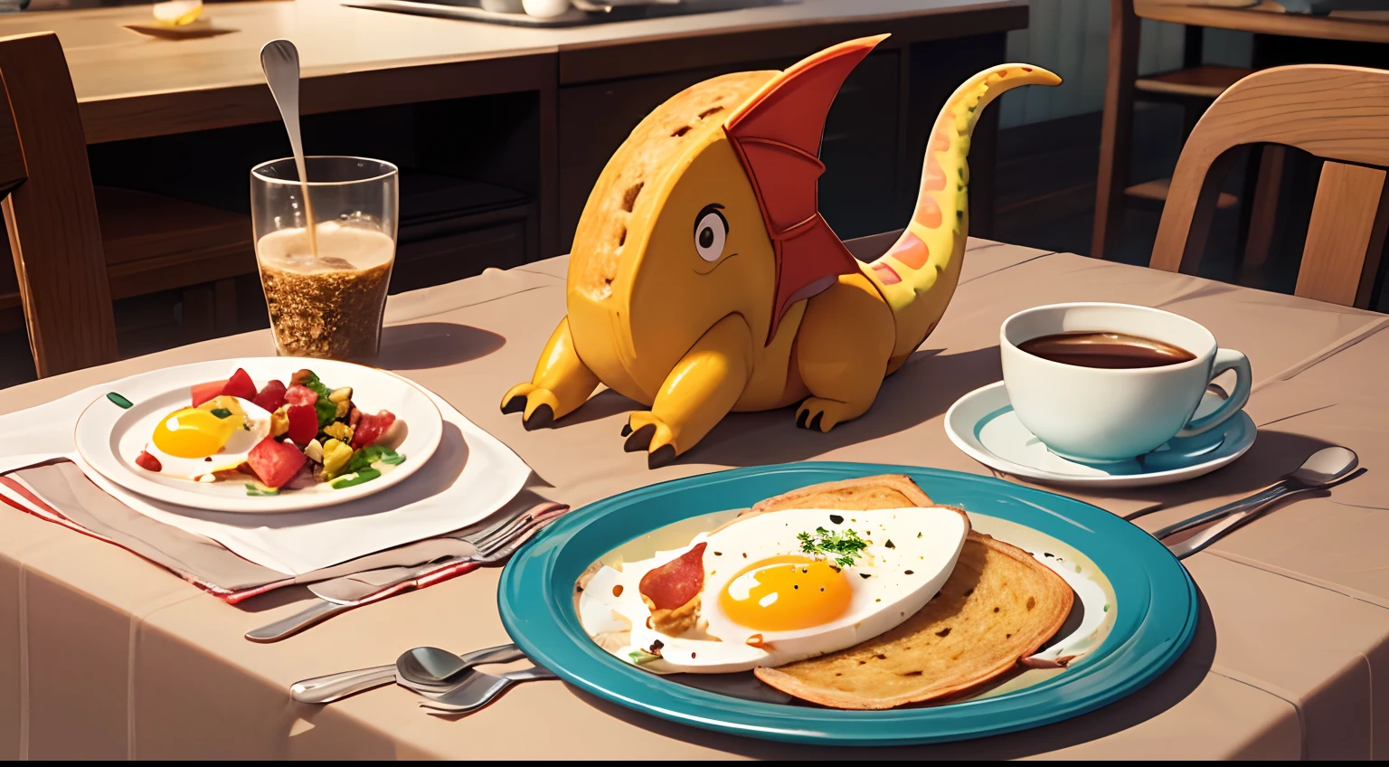 (best quality,highres:1.2),playful breakfast scene,eggs and bacon,flying toast and cereal,cup of coffee,messy table cloth,colorful plates and utensils,toy dinosaur,crumbs and food splatters,cartoonish style,vibrant colors,dynamic lighting