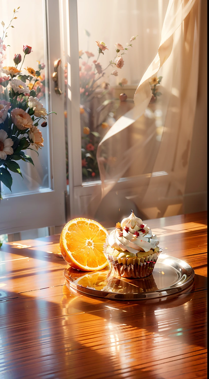 Extreme close-up，Clear，tmasterpiece，Mahogany dining table，There were cupcakes on the table，red wine，wineglass，oranges，apples，Beautiful decoration with bouquet of flowers，Bright natural light，Outside the window it is autumn，Translucent screen curtains，liveroom，C4D，Empty product display scene，Positive perspective，first person perspective