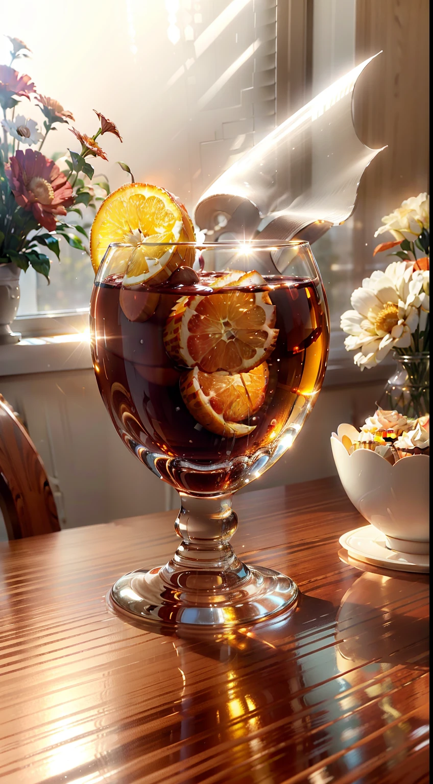 Extreme close-up，Clear，tmasterpiece，Mahogany dining table，There were cupcakes on the table，red wine，wineglass，oranges，apples，Beautiful decoration with bouquet of flowers，Bright natural light，Outside the window it is autumn，Translucent screen curtains，liveroom，C4D，Empty product display scene，Positive perspective，first person perspective