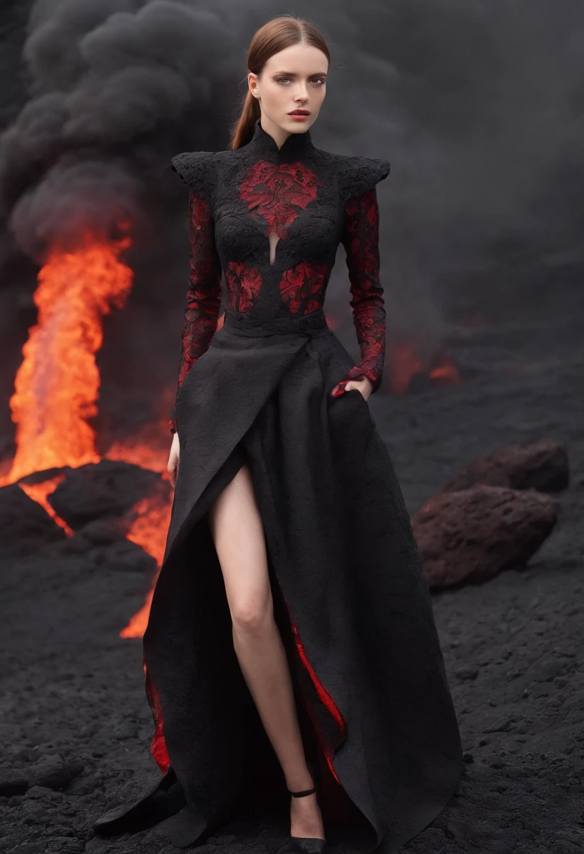 Arad woman in black and red dress,Stand in front of black volcanic stones, (The hem of the dress is red, The upper part of the dress is black), (The hem of the skirt blends perfectly with the fire),Inspired by Anne Leibovitz, Red and black color, (with fires and black smoke), body with black and red lava, author:annie lebovetz, alexander mcqueen haute couture