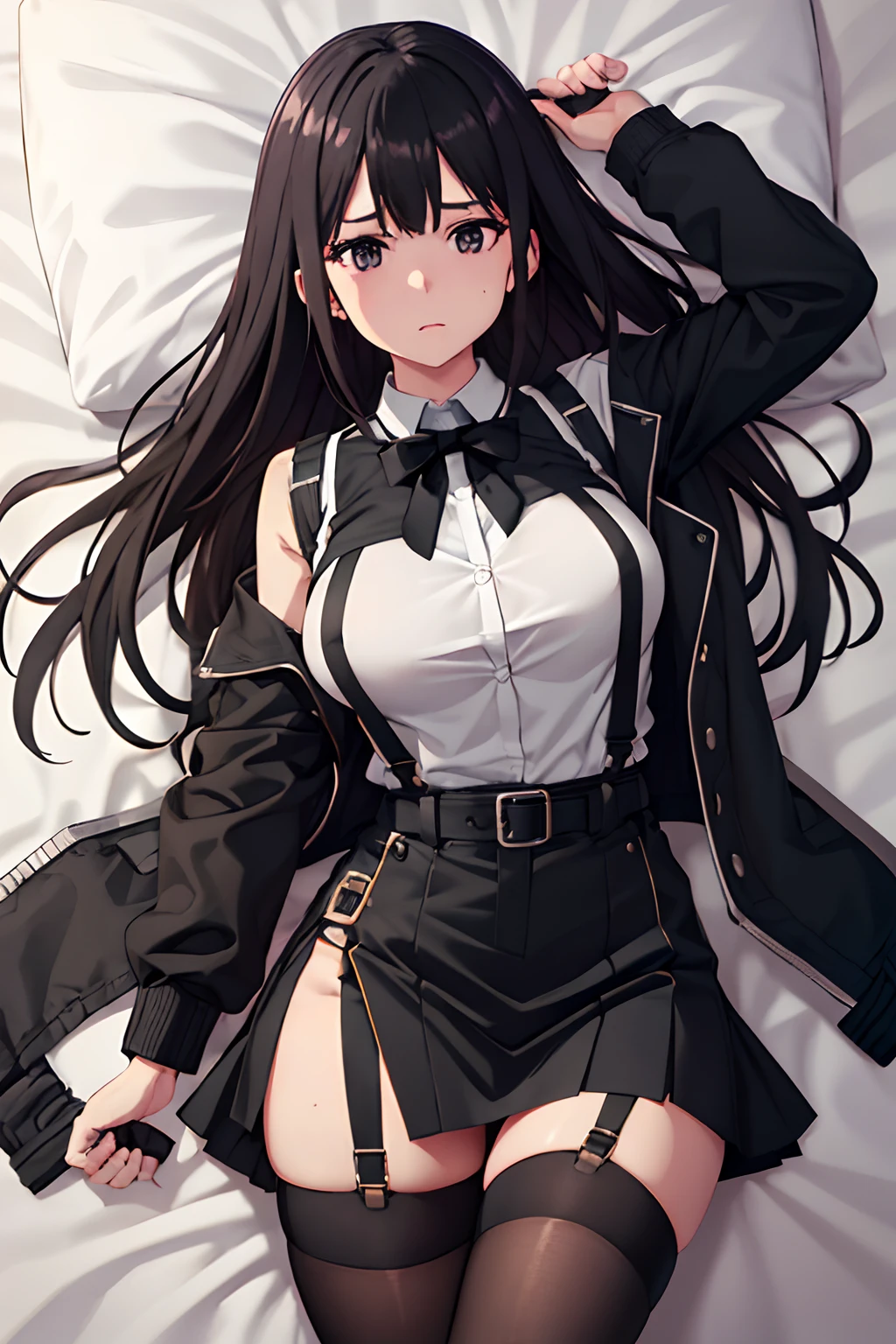 ,Belt bag,Suspenders Black Miniskirt　garterbelts　knee high　Stockings　Black Niso　Colorcon armpit sweat　perspiring　Side of both hands,Black jacket,Gaze,ample bosom,Armpit sweat,Exposing the armpits"Tight clothes、Cuffed、wristbands　Lie on the bed with your hands up　Tank tops　large full breasts