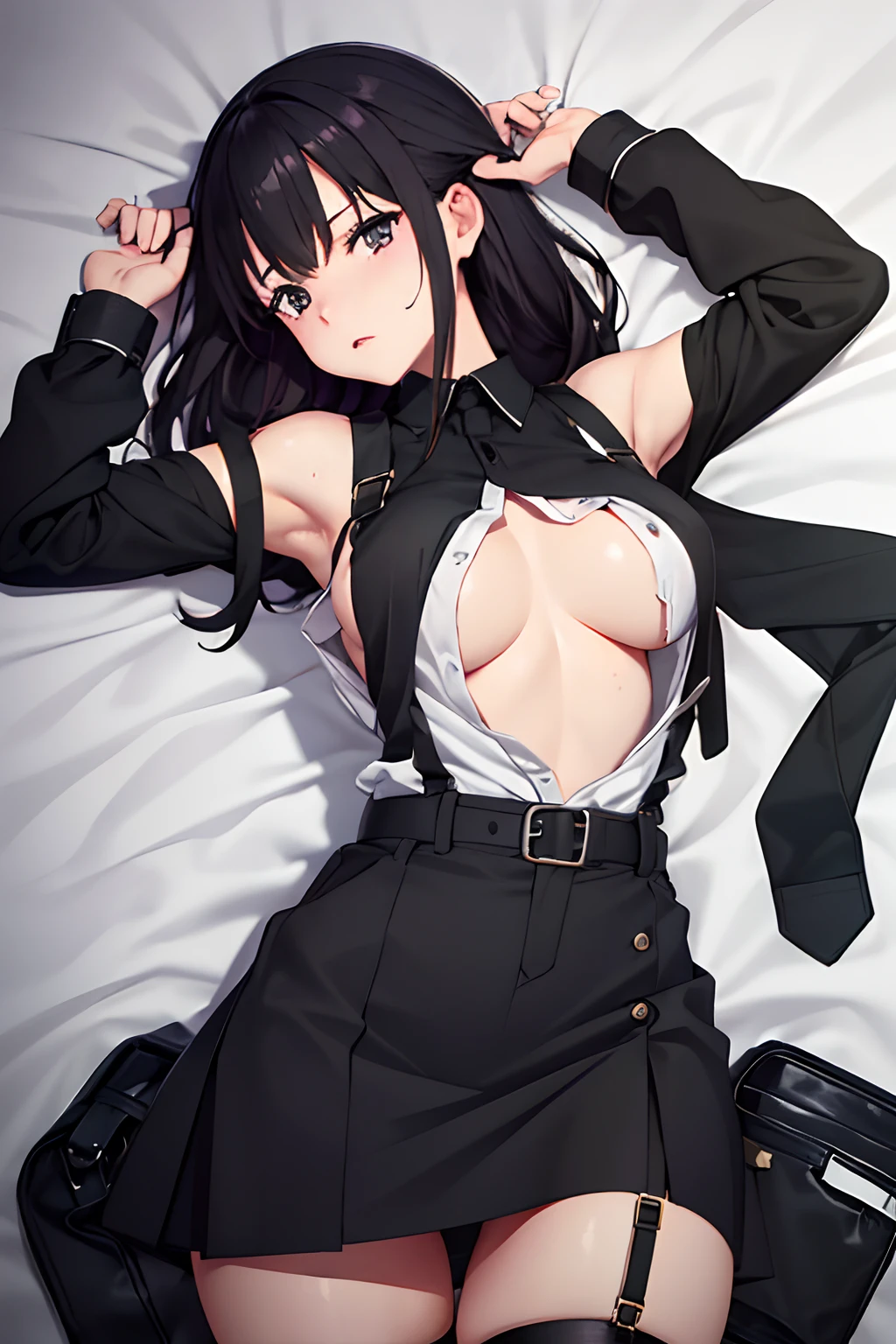 ,Belt bag,Suspenders Black Miniskirt garterbelts knee high Stockings Black Niso Colorcon armpit sweat perspiring Side of both hands,Black jacket,Gaze,ample bosom,Armpit sweat,Exposing the armpits"Tight clothes、Cuffed、wristbands Lie on the bed with your hands up