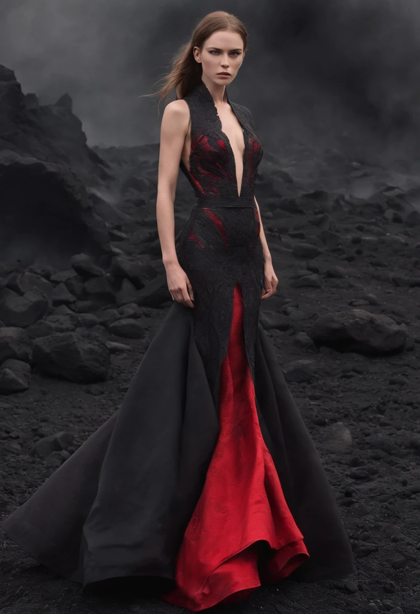 Arad woman in black and red dress,Stand in front of black volcanic stones, (The bottom of the dress rolls like fire:1.3), (The hem of the skirt blends perfectly with the firelight),Inspired by Anne Leibovitz, Red and black color, (with fires and black smoke), body with black and red lava, author:annie lebovetz, alexander mcqueen haute couture