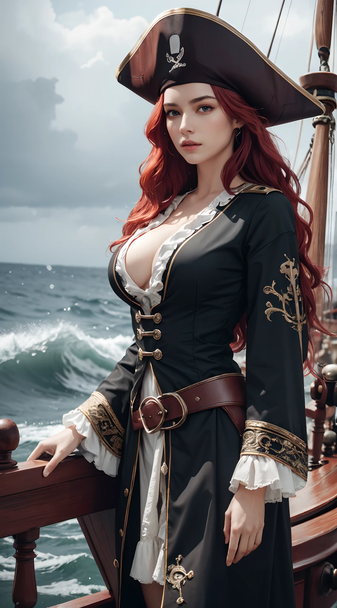 (masterpiece, best quality, award winning, highres), 1 beautiful female pirate, skinny, tall, scarlet hair, big breast, pirate hat, intricate pirate clothes, intricate and beautiful design, highly detailed beautiful face, wavy red hair, detailed flowing hair, standing at helm on pirate ship, pirate ship, storm, rain, rough sea, detailed background, water splash, extremely CG detail, ultra detail