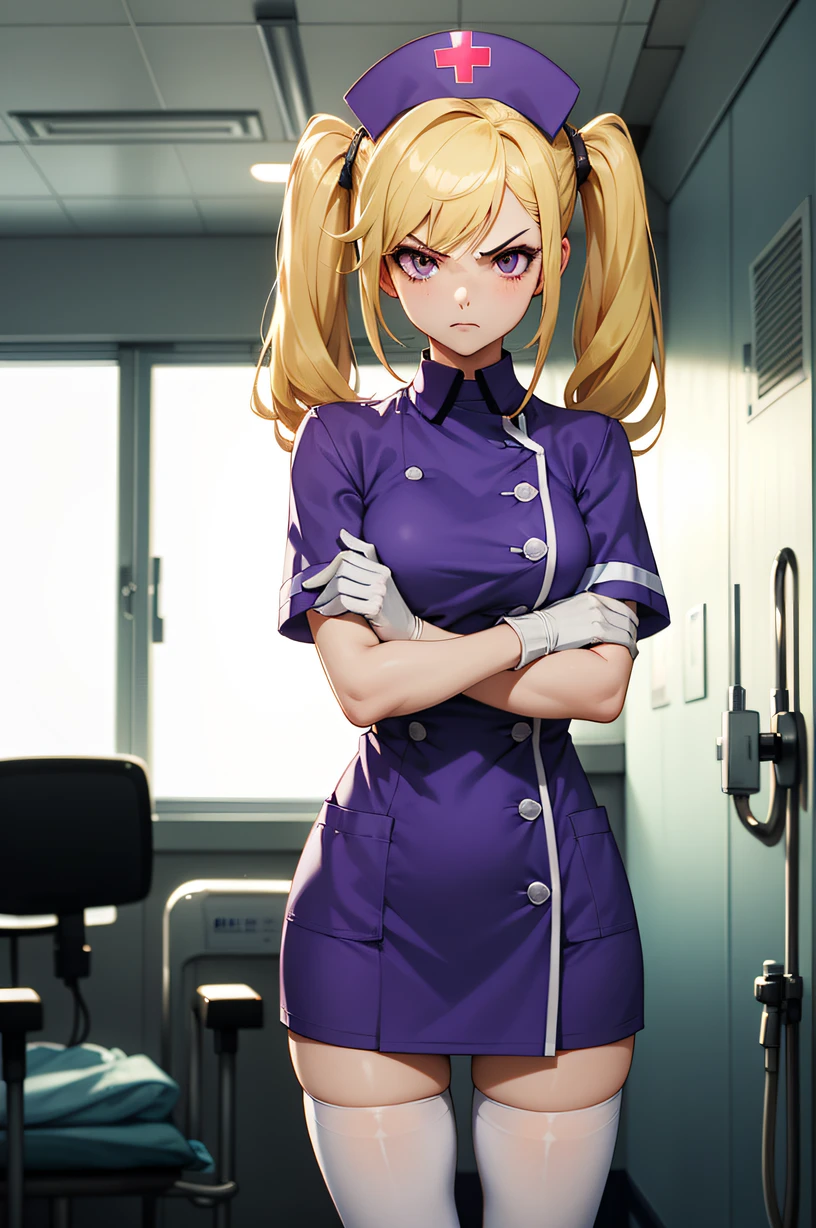 1girl, solo, nurse, nurse cap, white wear, ((white legwear, zettai ryouiki)), white gloves, twintails, yellow hair, purple eyes, angry, crossed arms, standing, ((hospital room)), sharp outline, short sleeves, best quality, masterpiece